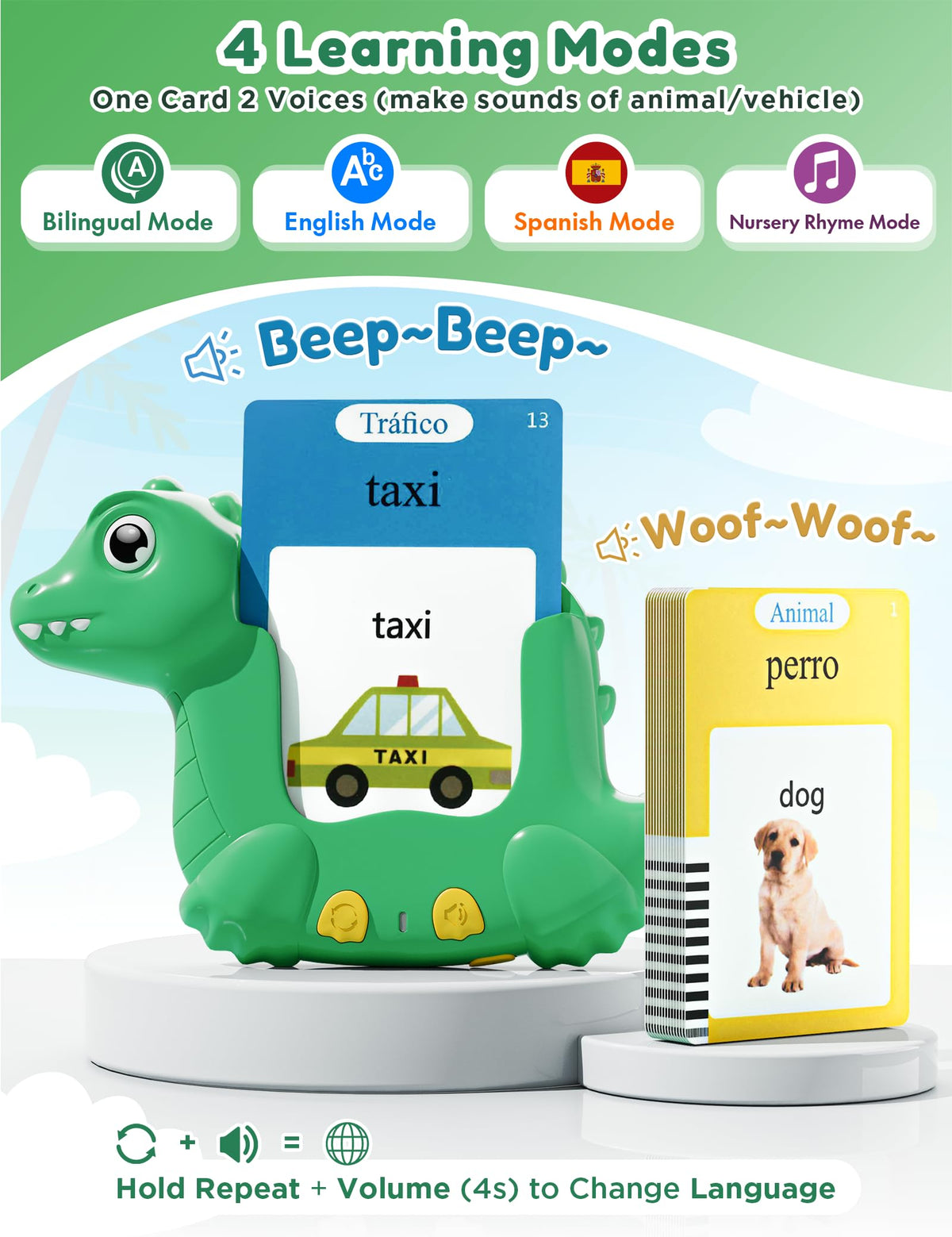 Spanish and English Talking Flash Cards for Kids, 510 Words, Dino Shaped
