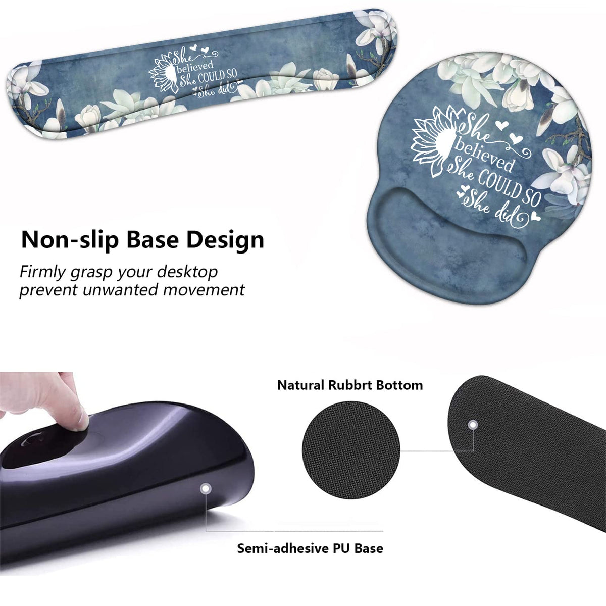 Keyboard Wrist Rest and Mouse Pad Wrist Support Set with Coasters, Inspirational Quote She Believed