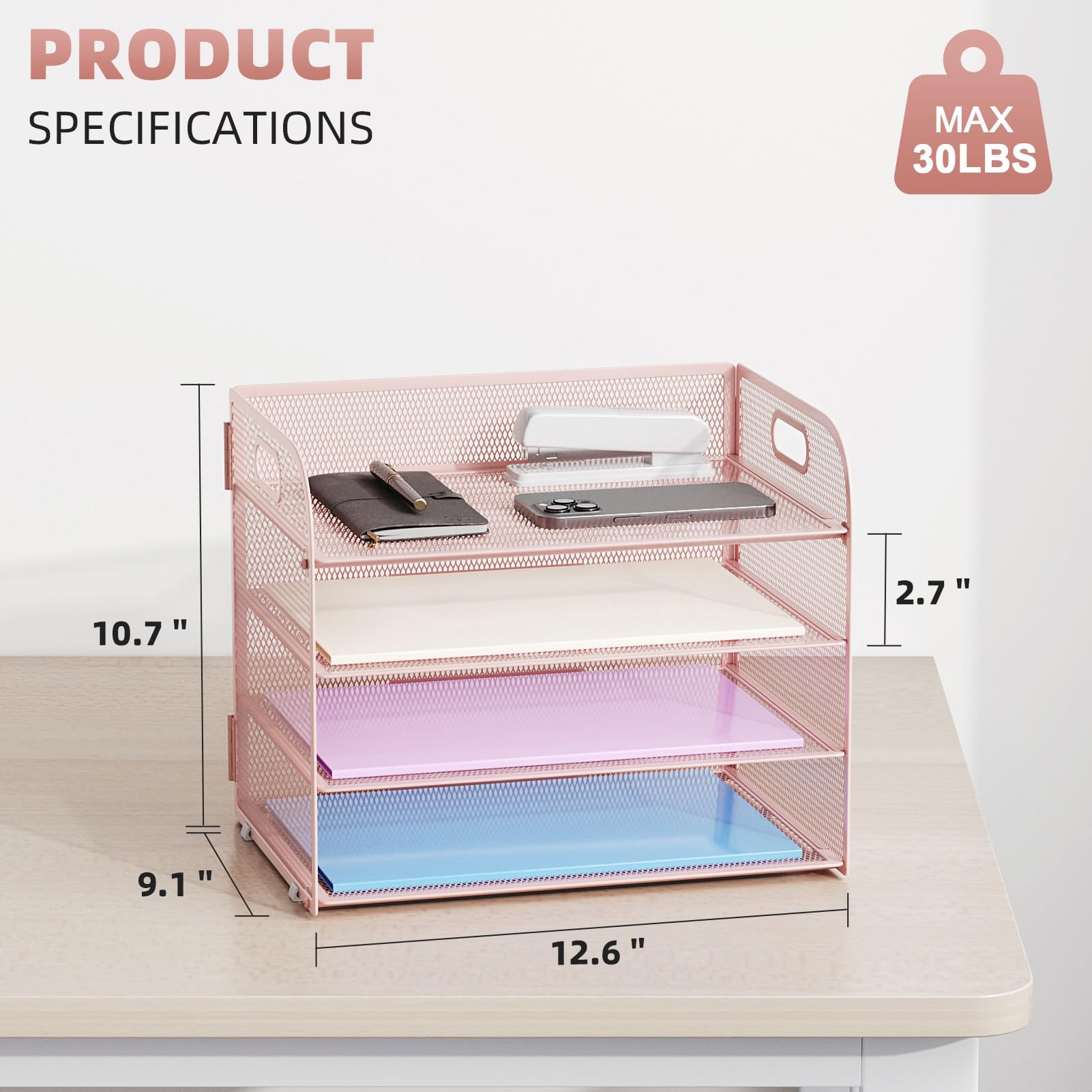 Marbrasse 4 Tier Paper Organizer Letter Tray - Mesh Desk File Organizer with Handle, Paper Sorter