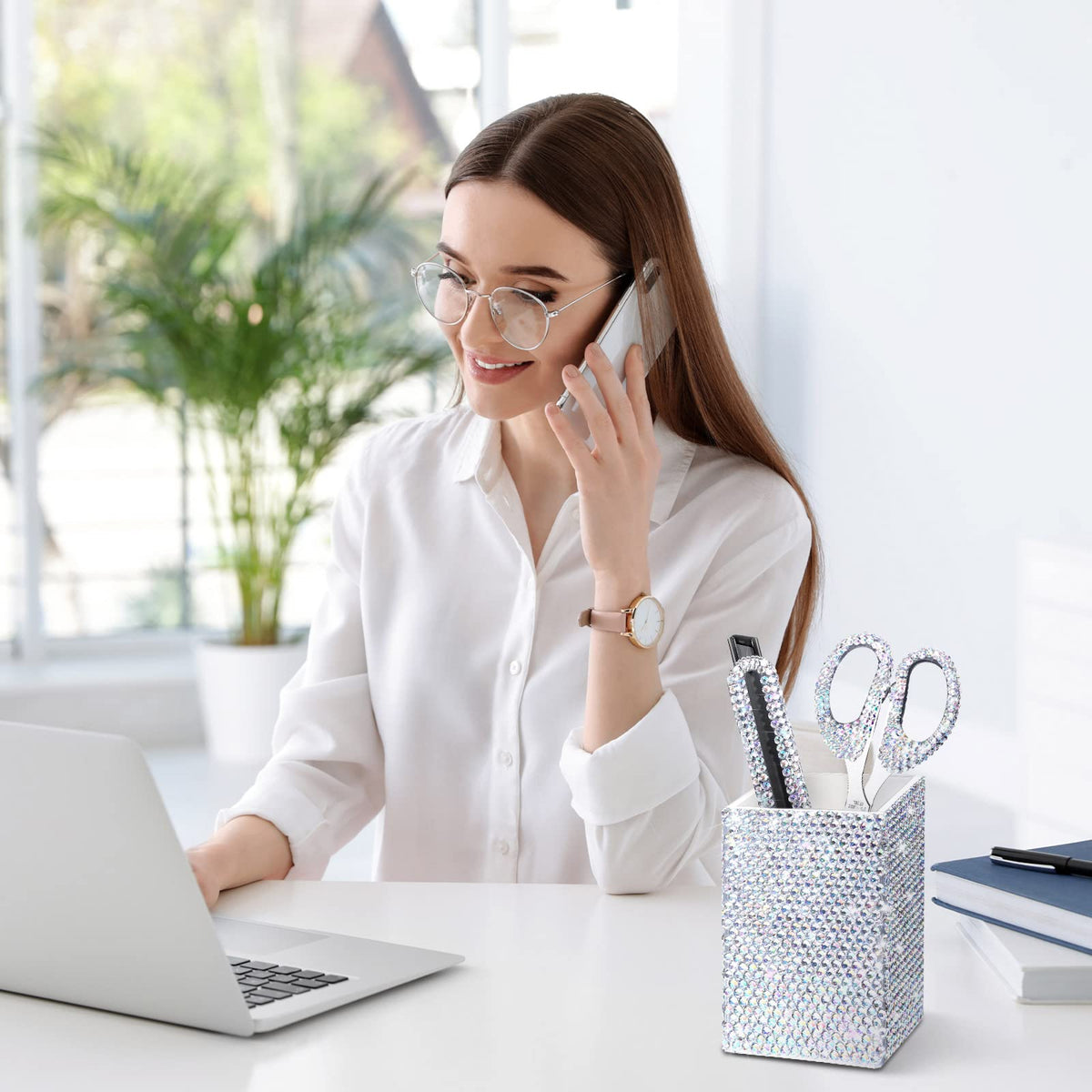 Demissle White 7 Pcs Bling Desk Accessories Set Office Kit for Women