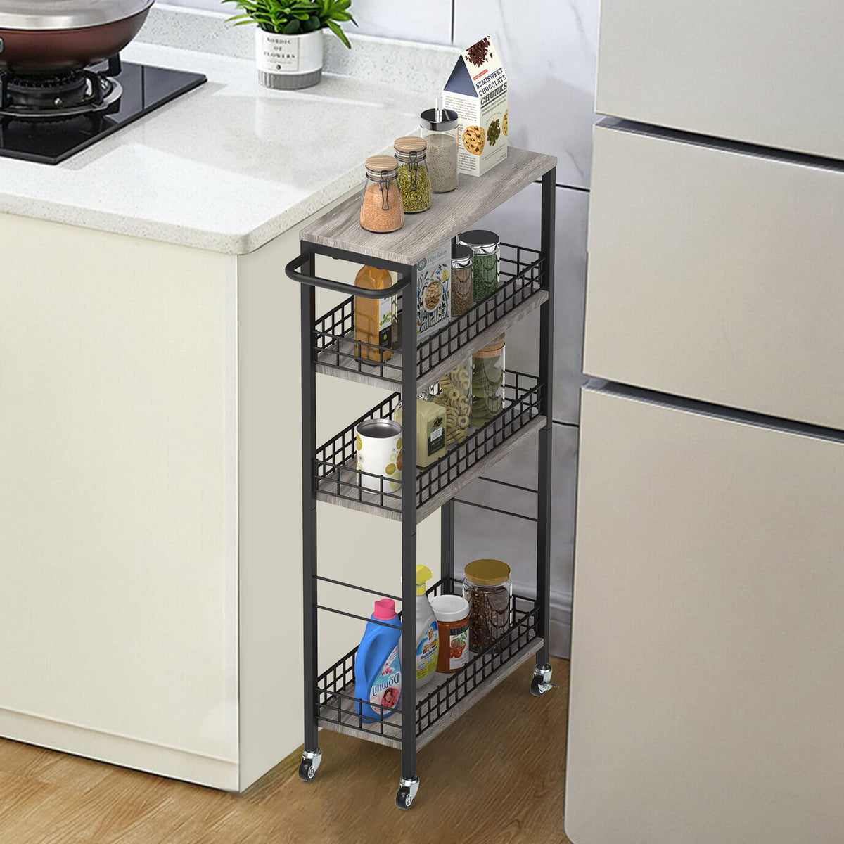 NOVIMANGO Slim Storage Cart Narrow Kitchen Cart 4 Tier, Grey