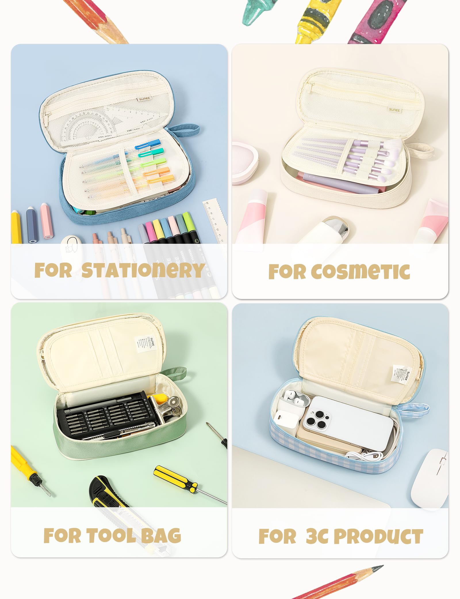 SUNEE Cute Pencil Case, Large Pencil Pouch, Aesthetic Big Pencil Bag with Zipper, Kawaii Stationery