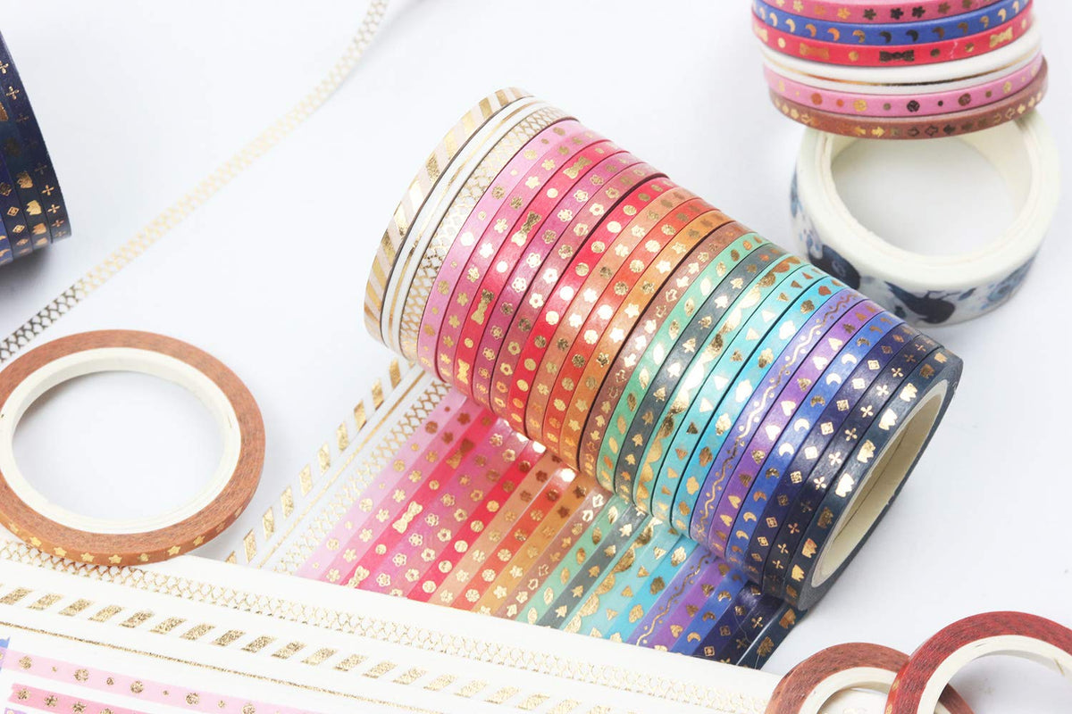 YUBX 24 Rolls Washi Tape Set Foil Gold Skinny Decorative Masking Tape 3MM Wide Scrapbook Tape for