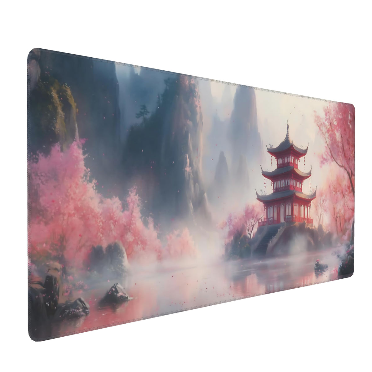 Aesthetic Scenery Gaming Mouse Pad, Pink Japanese Desk Mat with Anti-Slip Base & Stitched