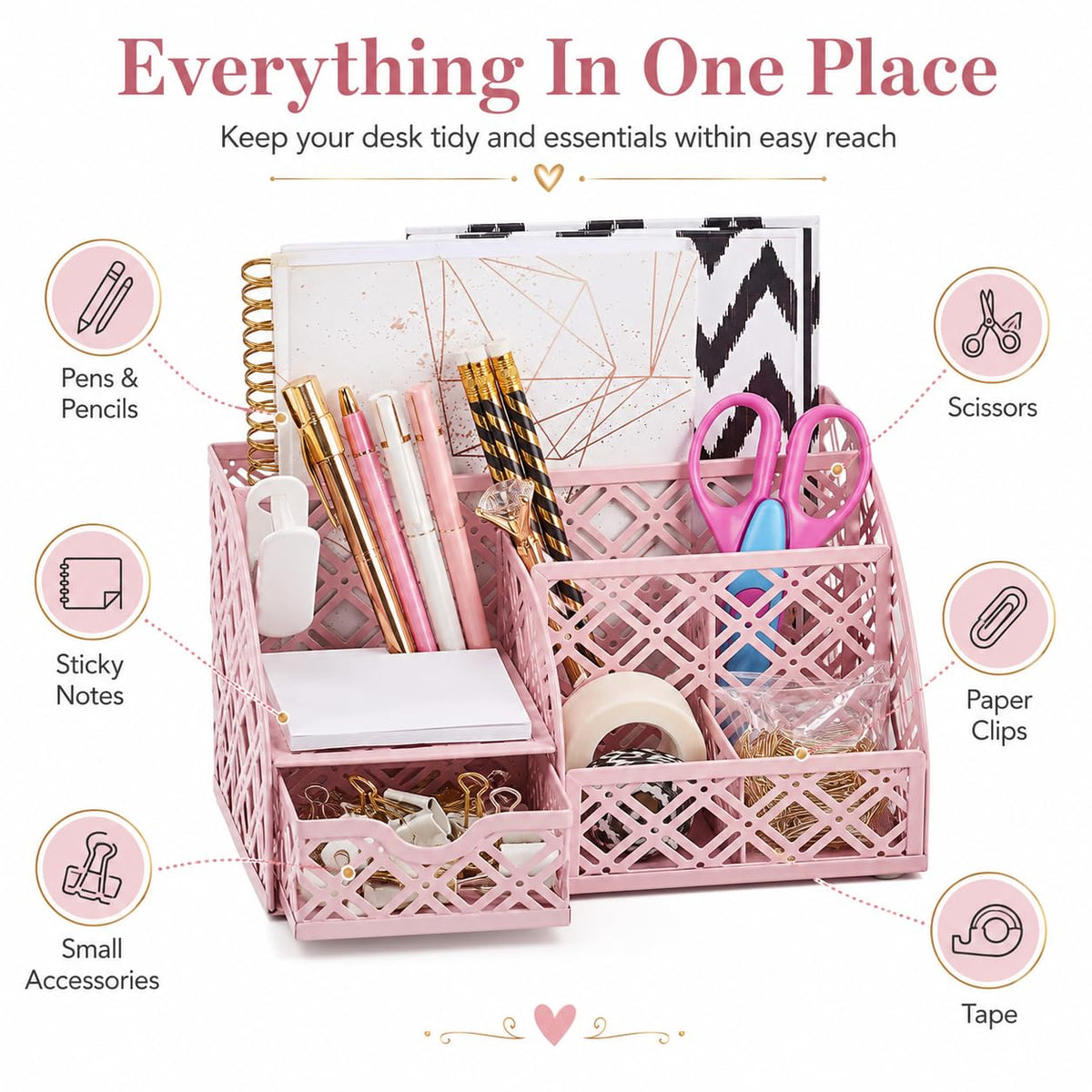 Exerz Mesh Metal Desk Organizer with 7 Compartments and Drawer Light Pink