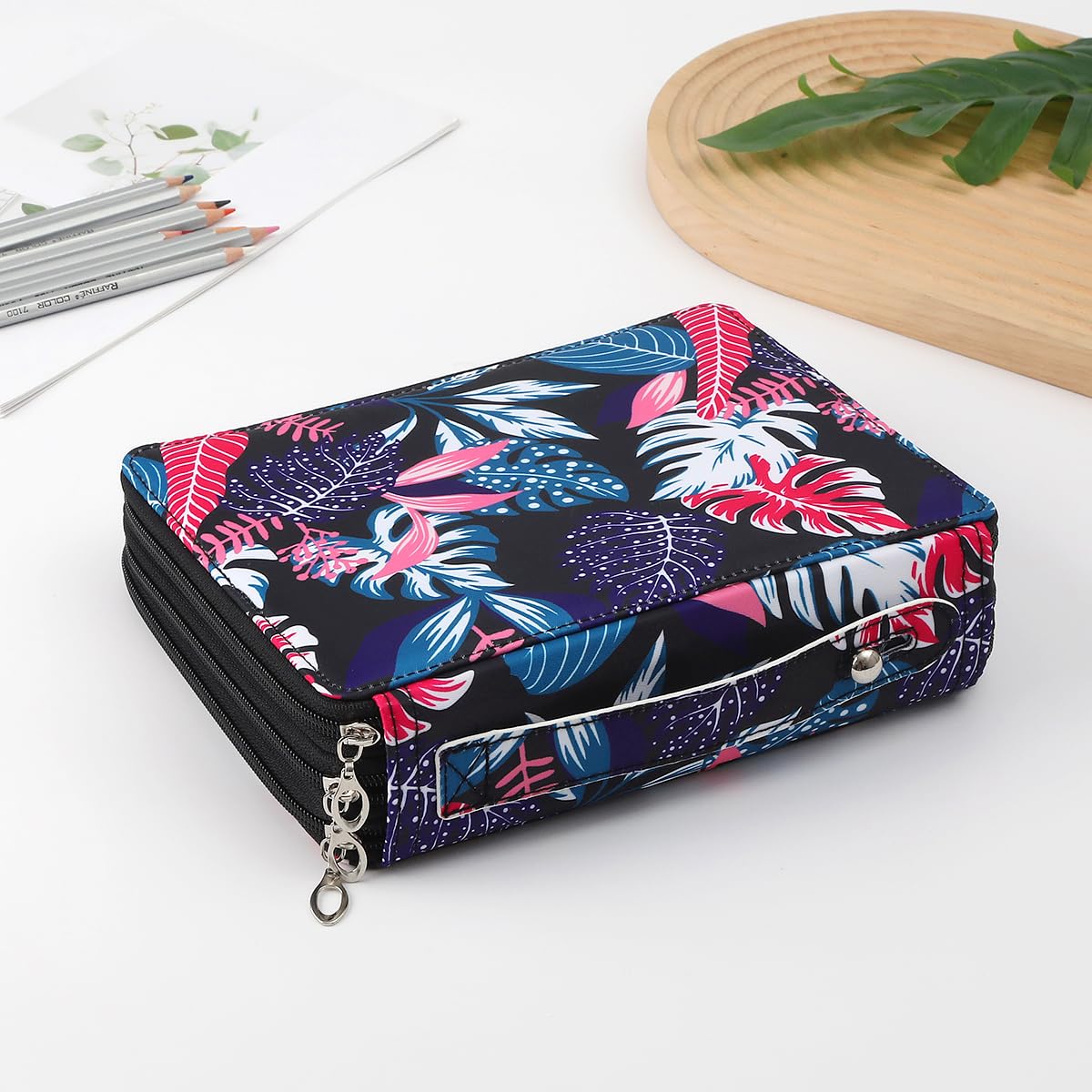 Lbxgap Canvas 120 Slots Pencil Case 3-Layer Zipped Holder w/Handle