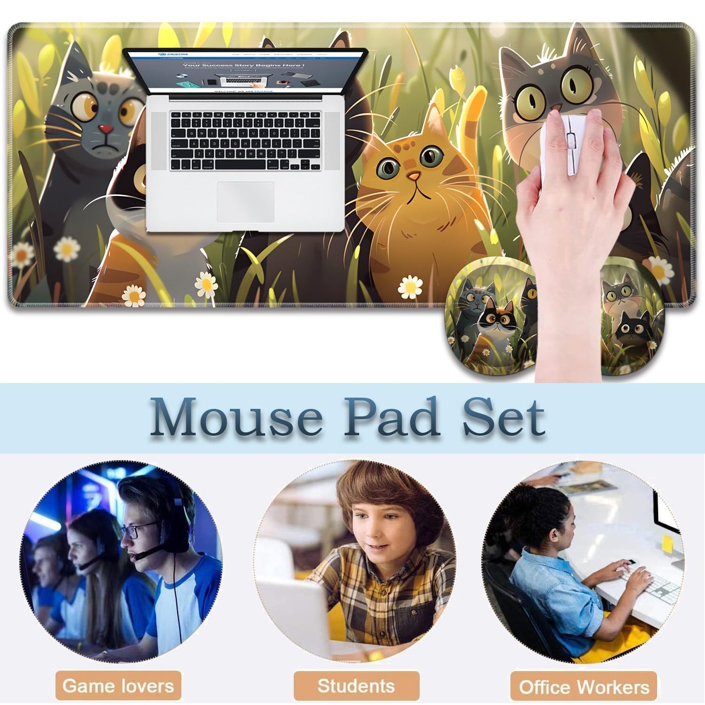 3-Piece Cartoon Cat Mouse Pad Set, Including Wrist Support Pad and Cup Holder, with Waterproof and