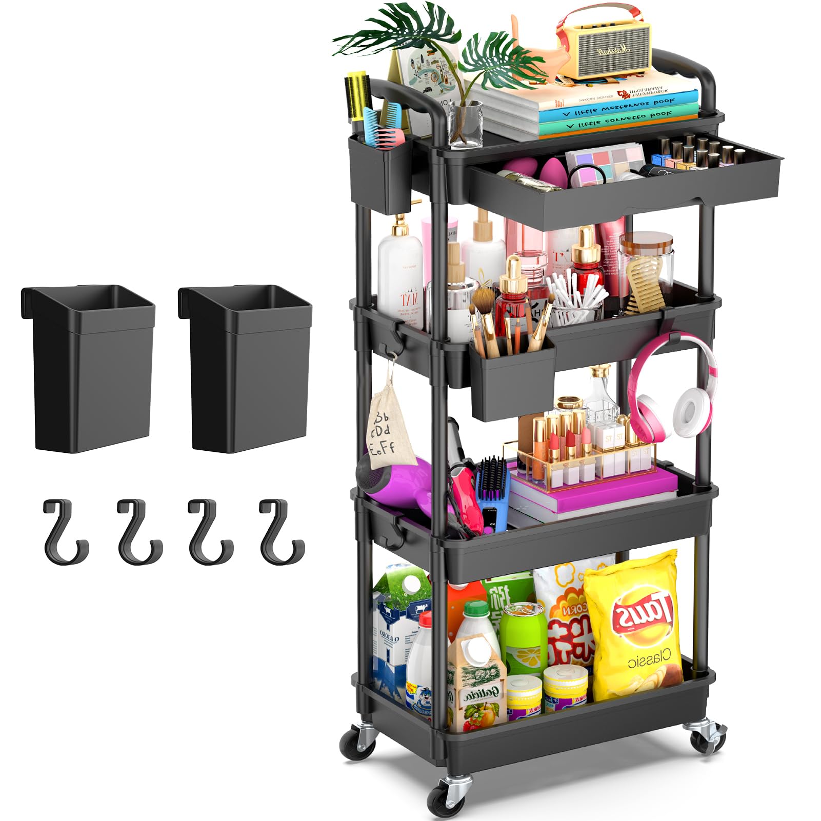 Goovilla 4 Tier Rolling Utility Cart Organizer with Removable Drawer, Black