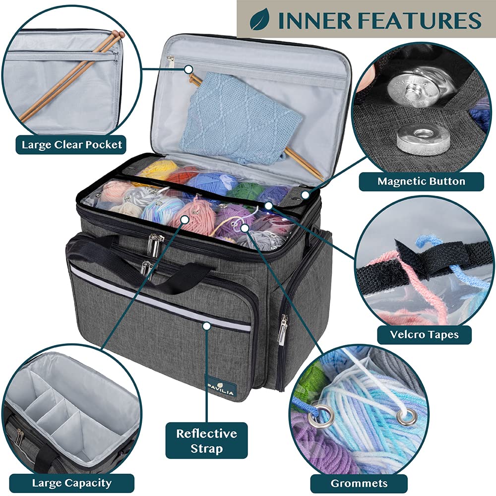 PAVILIA Knitting Yarn Storage Bag Crochet Organizer for Knitter, Dark Grey