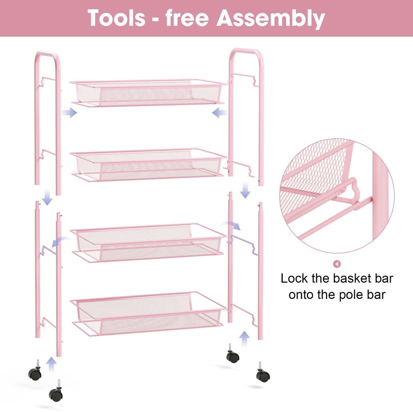 TOOLF 4 Tier Rolling Cart, Metal Utility Storage Cart with Wheels, Pink