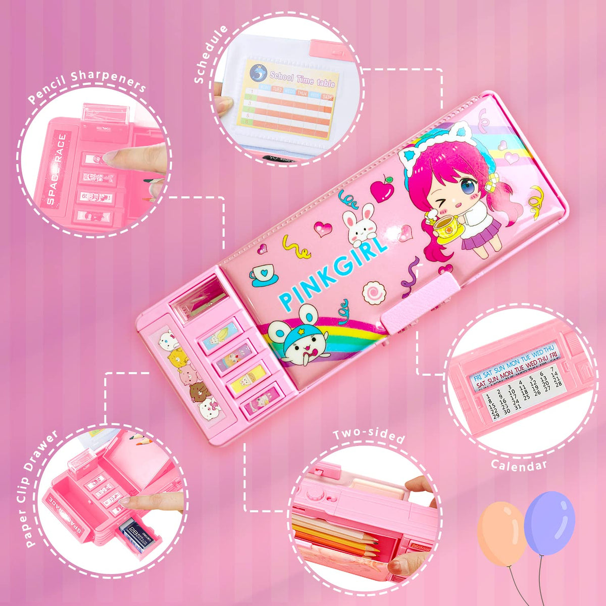 LilyBeauty 【2Pack】 Pop Up Multifunction Pencil Case for Girls, Cute Cartoon Pen Box With Locks