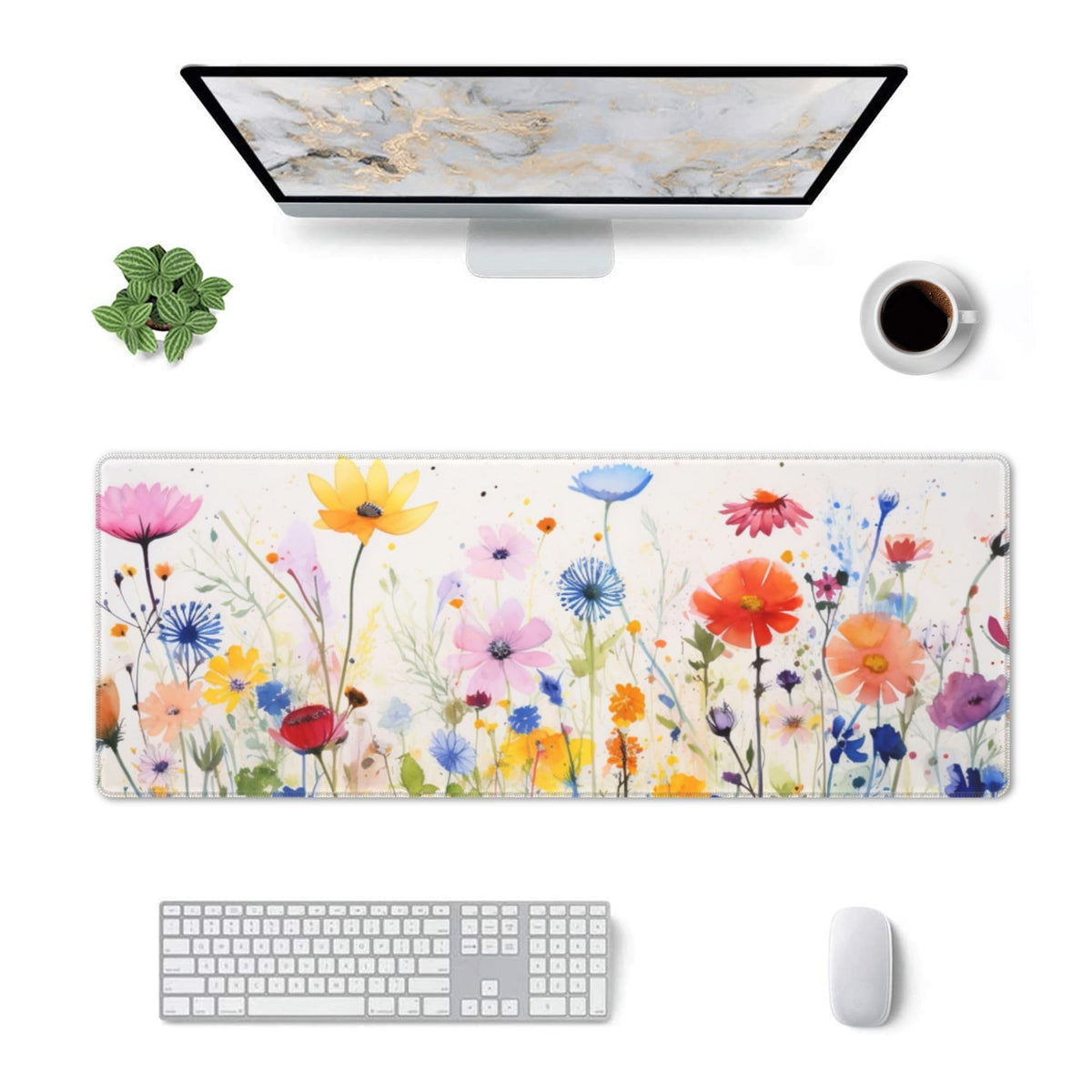 Cute Wildflowers Pattern Mouse Pad 31.5 x 12 Inch, Non-Slip Rubber Base, Ergonomic Design for Pain