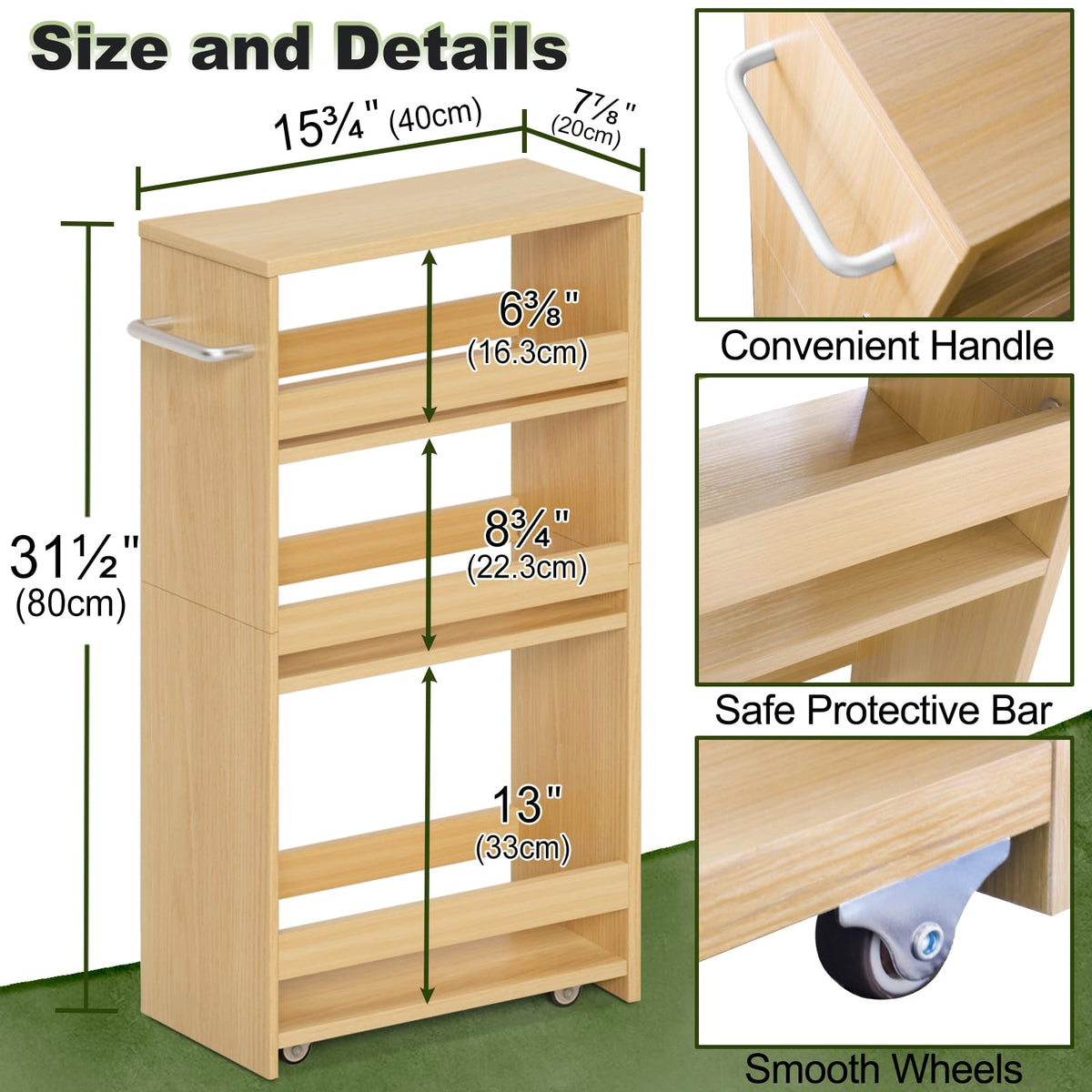 MARTY Slim Rolling Storage Cart, Wood Utility Kitchen Bathroom Laundry Cart