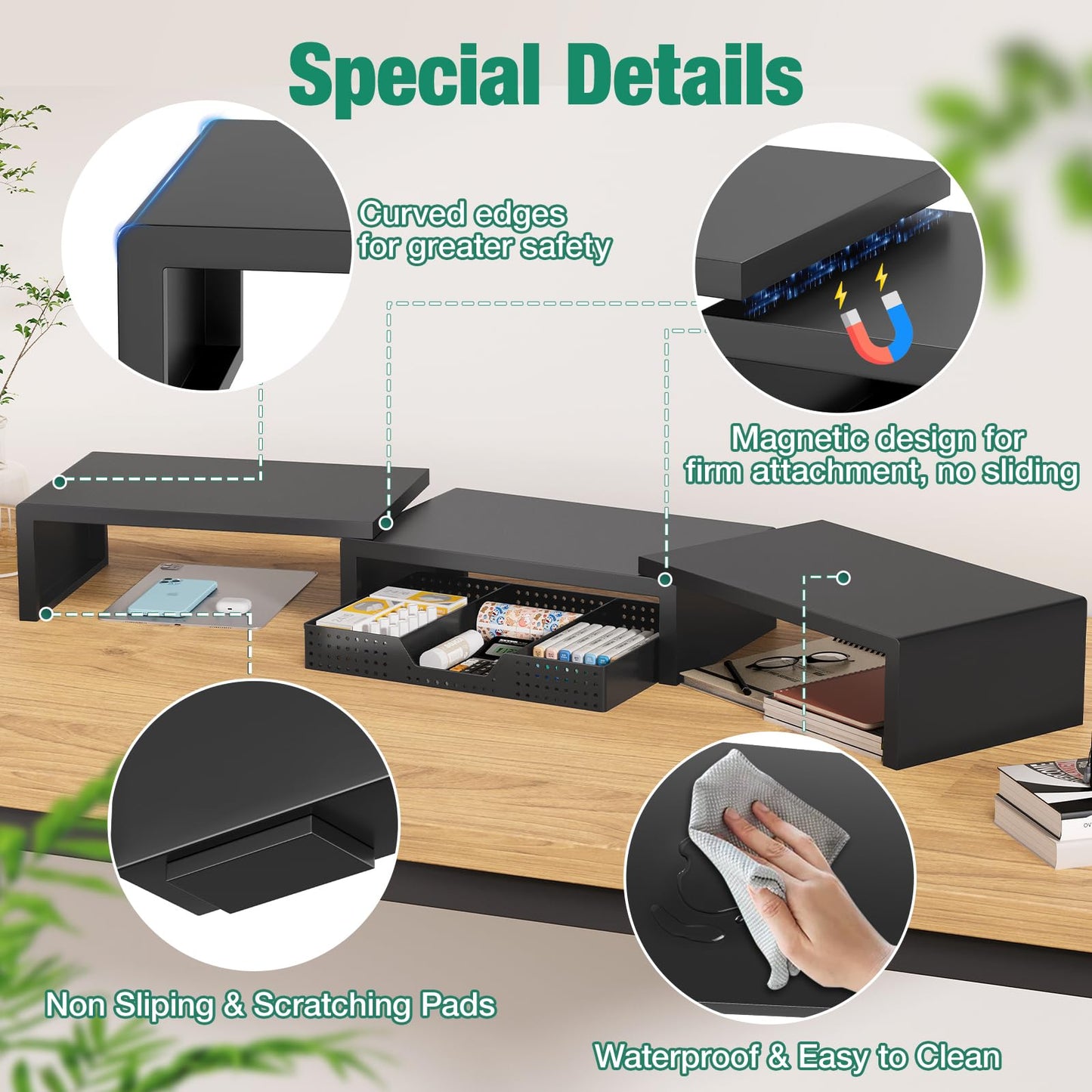 OPNICE Dual Computer Monitor Stand Riser, Desk Organizer with Drawer, Office Desk Accessories &