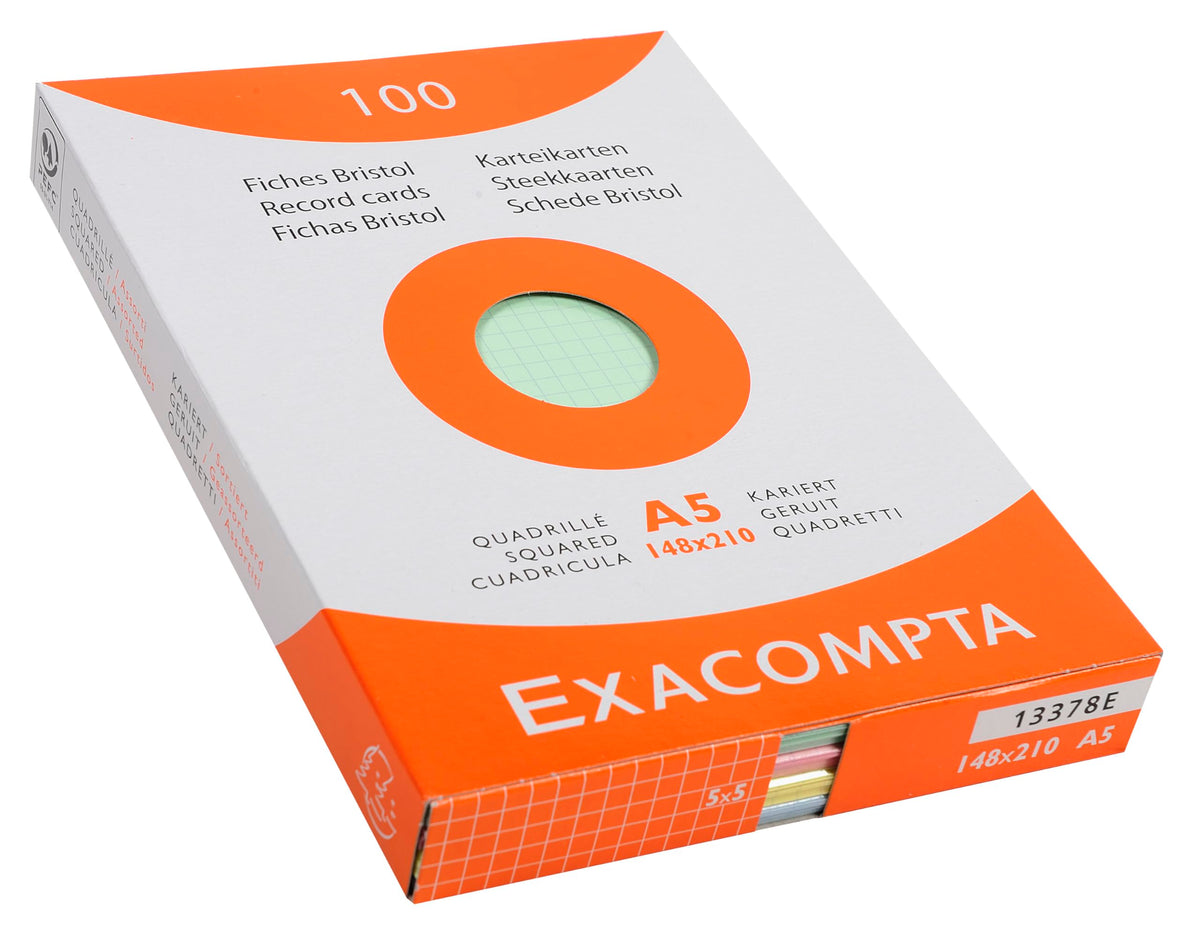 Exacompta Bristol Squared Record Cards, A5 - Assorted Colours, Pack of 100