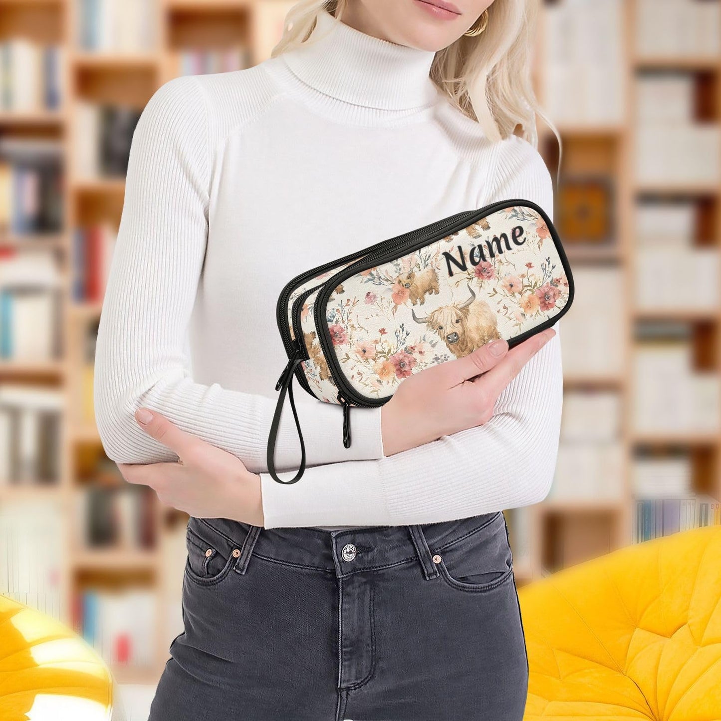 BOENLE Custom Cute Highland Cows Flowers Pencil Case Box Boys Girls Personalized Name Large Pencil