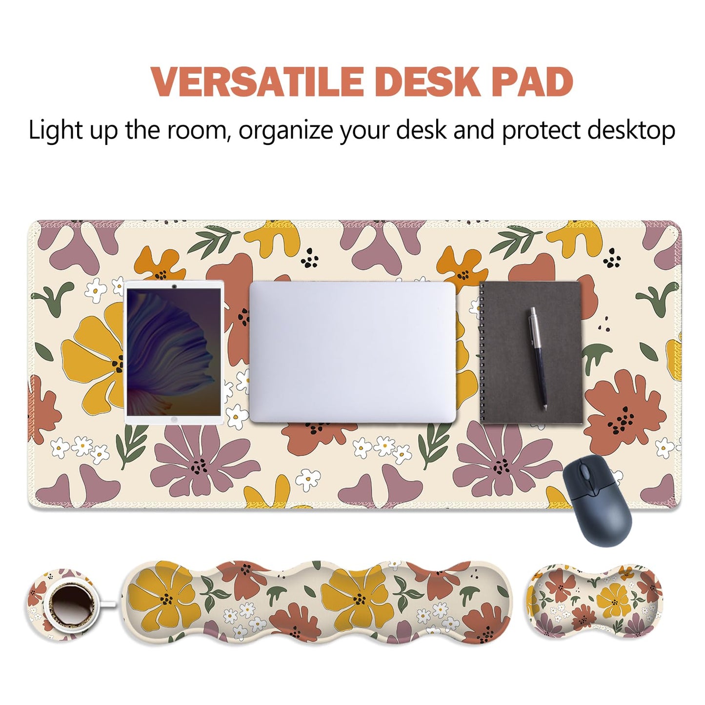 ARTSO Gaming Mouse Pad Wrist Support Set,Cute Flower Desk Mat+Mouse Pad with Wrist Rest +Keyboard