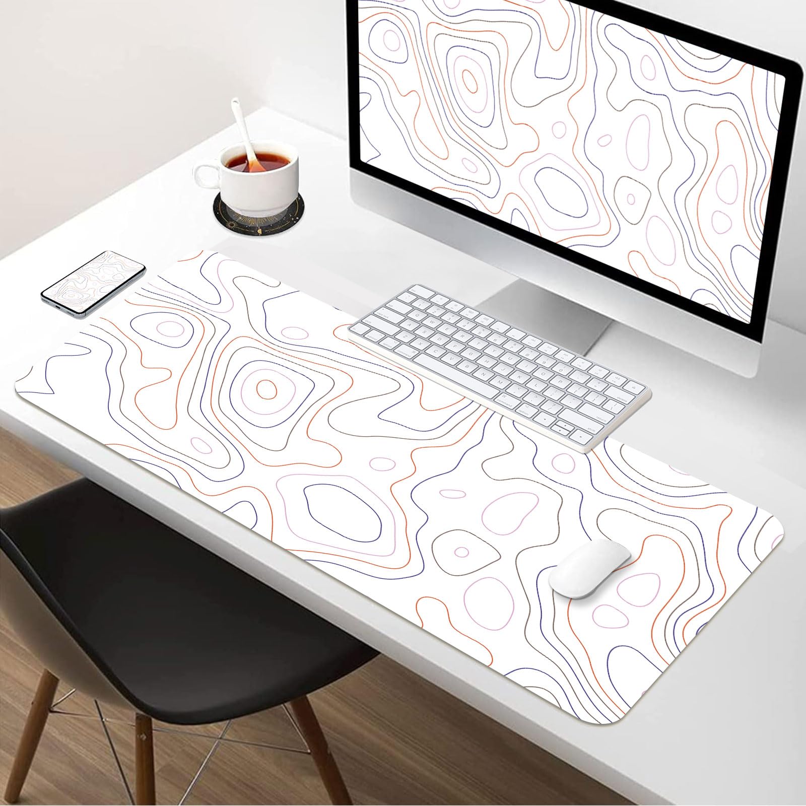 White Topographic Map Desk Mat 35.4" x 15.7", PU Leather Computer Laptop Mat, Non-Slip Waterproof