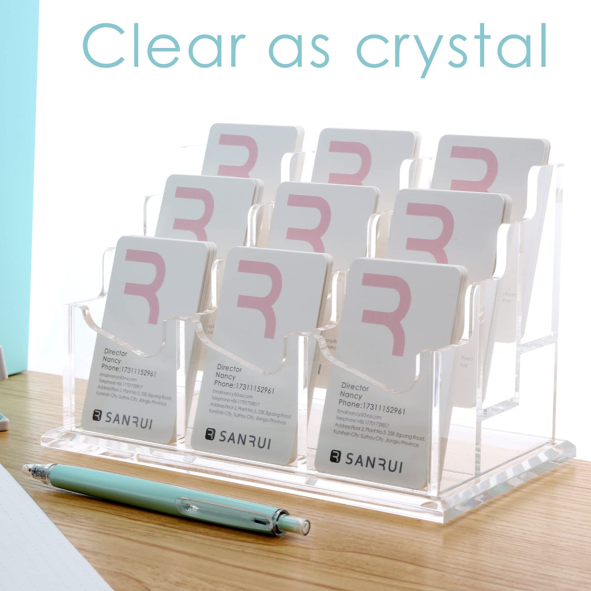 SANRUI Vertical Business Card Holder for Desk，Clear Acrylic Business Card Display Stand，9 Slots 3