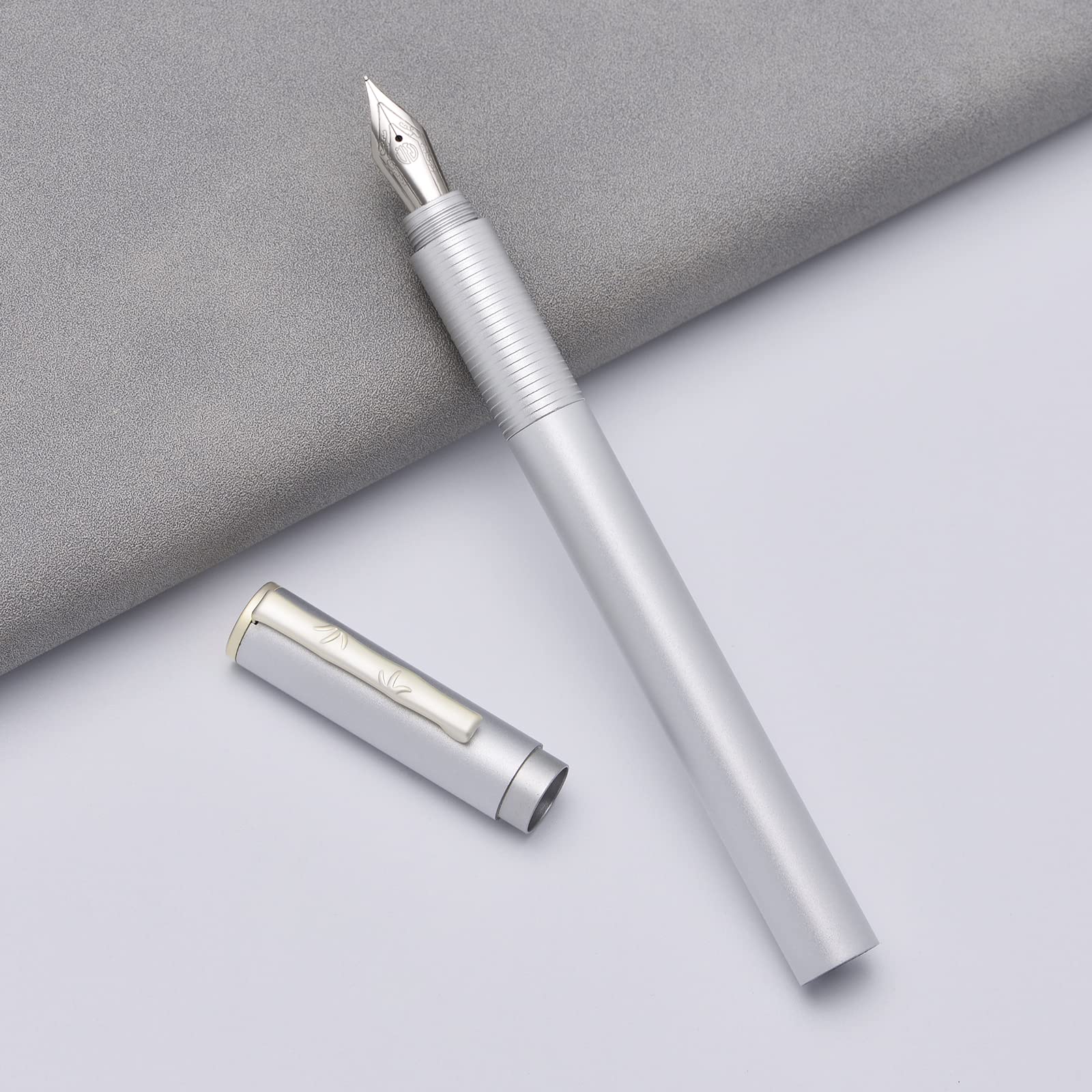 Hongdian H3 Fountain Pen Fine Nib with Bamboo Pen Clip, Silver Aluminum Alloy Writing Pen