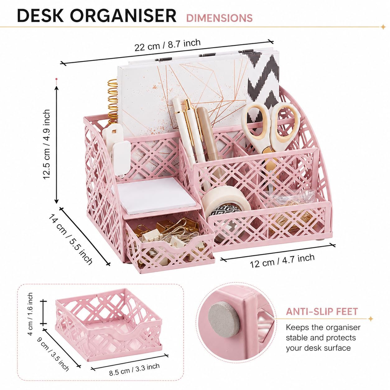 Exerz Mesh Metal Desk Organizer with 7 Compartments and Drawer Light Pink