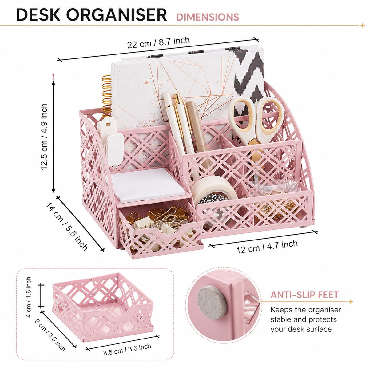 Exerz Mesh Metal Desk Organizer with 7 Compartments and Drawer Light Pink