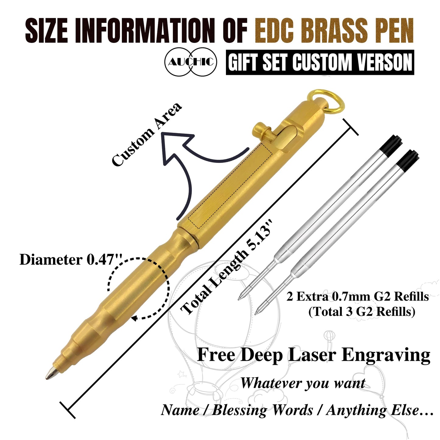 Auchic Custom Bolt Action Pen Free Engraving Custom Pocket EDC Metal Pen with 3 Refills Engravable