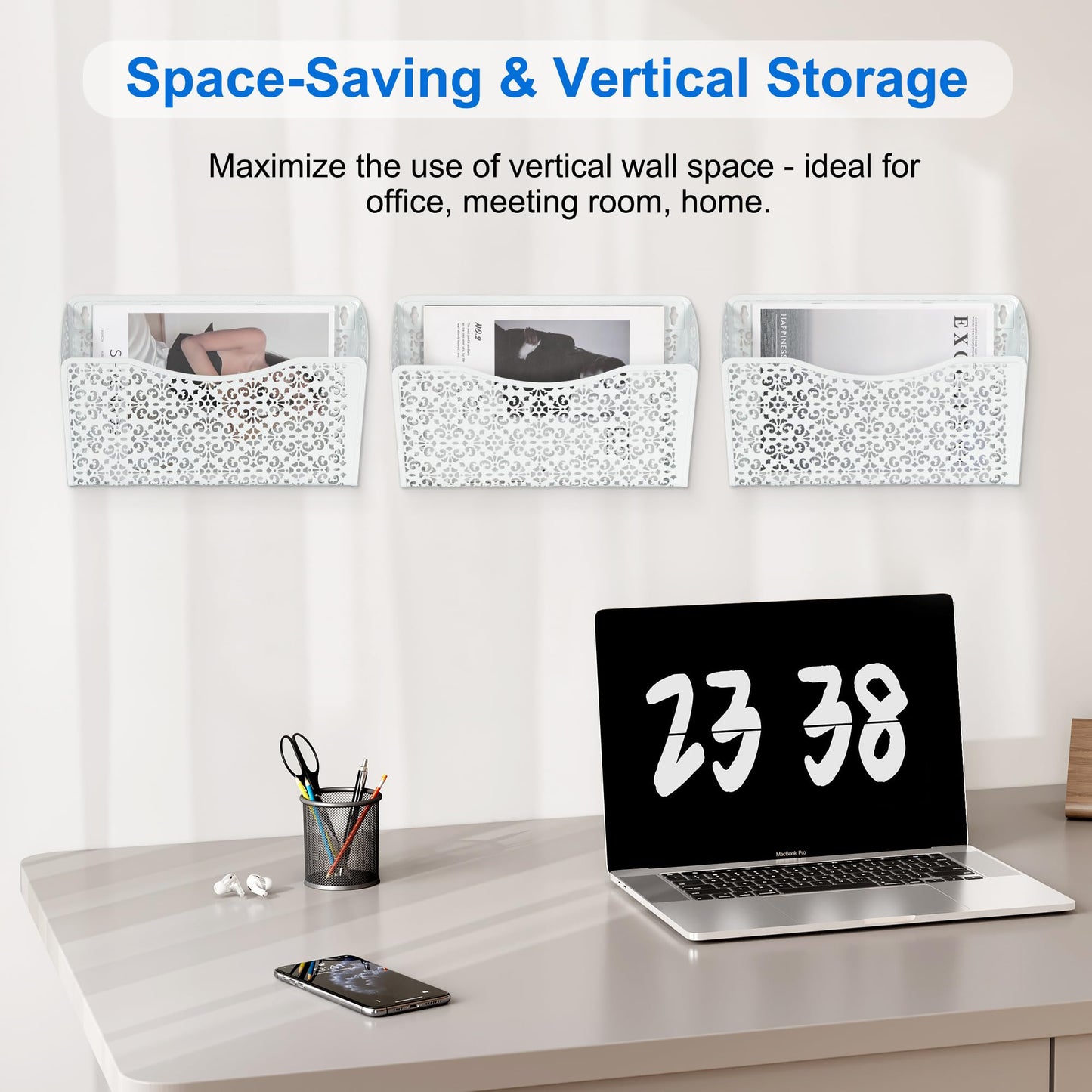 EasyPAG 3 Pack Hollow Design Wall-Mounted File Organizer - Heavy Duty Metal, Vertical Space Saving