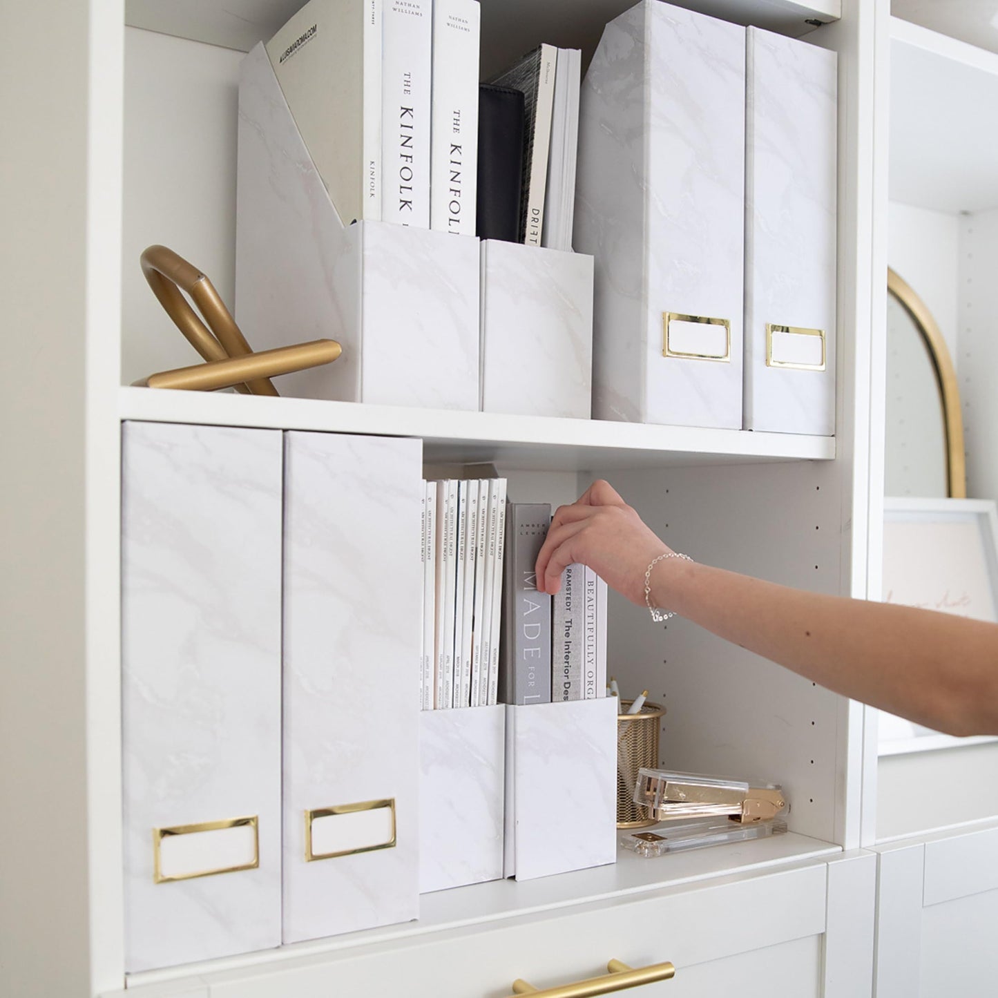 BLU MONACO Set of 4 Magazine Holders | White Marble Design with Gold Label Holders | Foldable File