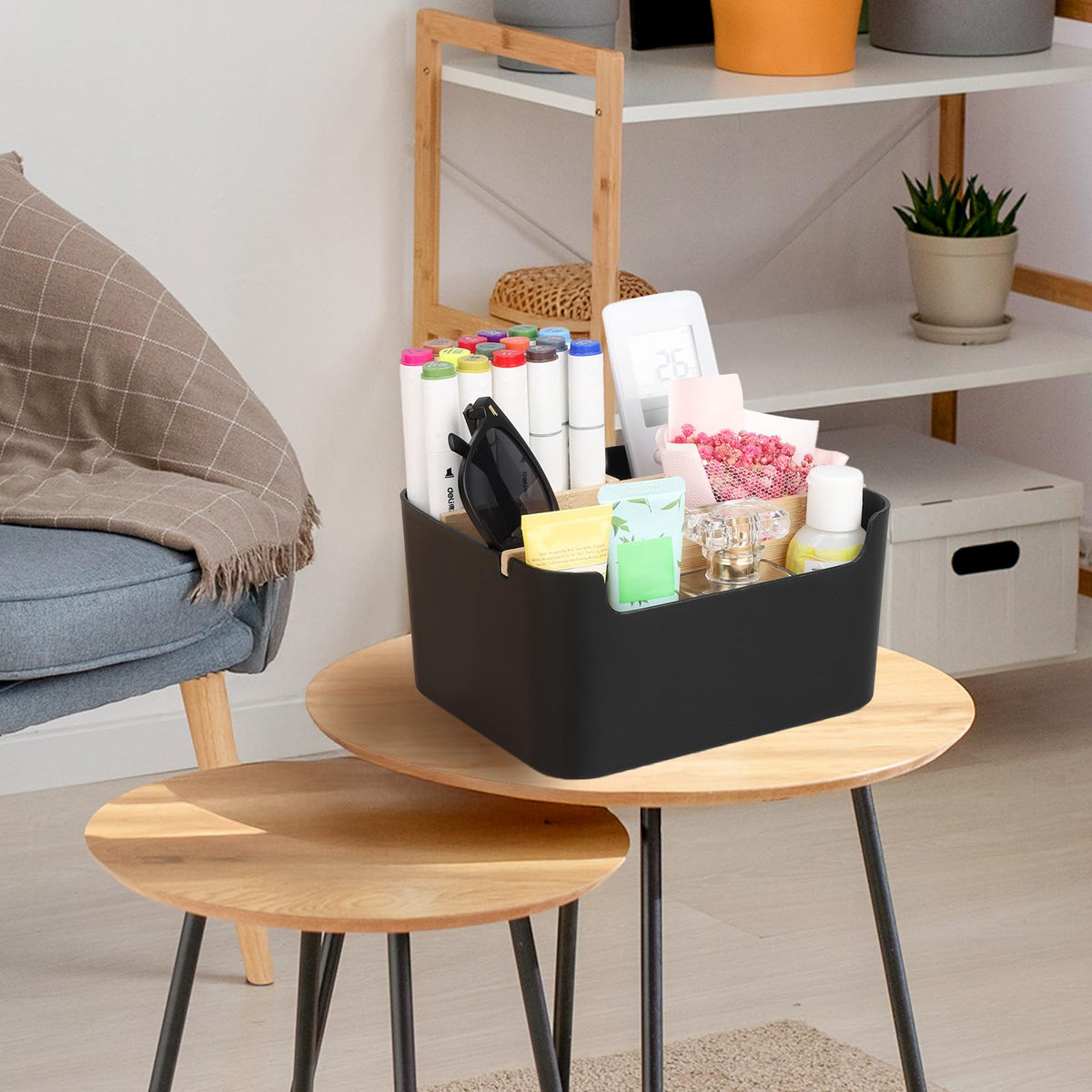 Segarty Black Desktop Organizer, Detachable Bamboo Remote Control Holder, Desk Storage Box Pencil