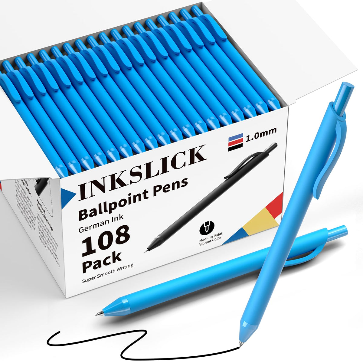 InkSlick 108 Pack Black Ink Pens Bulk Retractable Ballpoint Pens 1.0mm