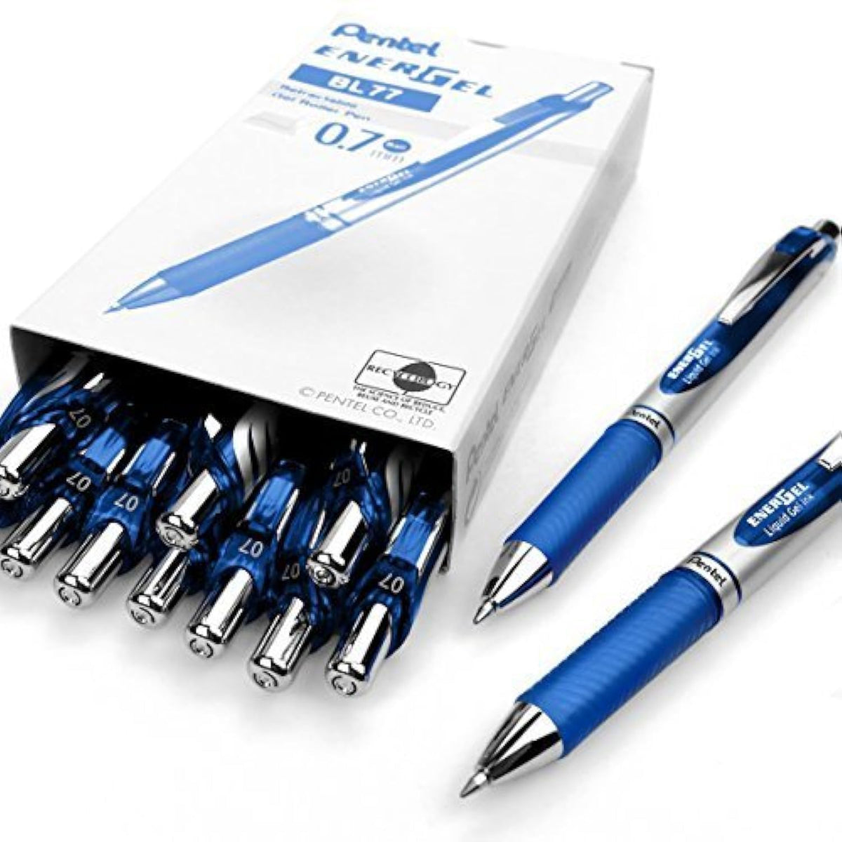 Pentel EnerGel RTX Retractable Liquid Gel Pen, (0.7mm) Metal Tip, Medium Line, Blue Ink, 12 Pack