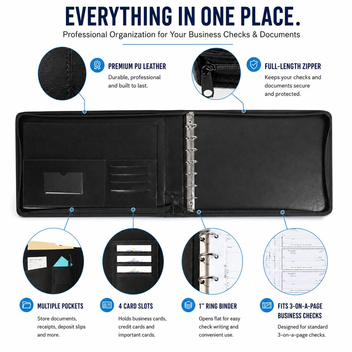 Executive PU Leather 7-Ring Business Check Binder