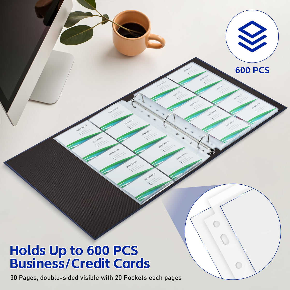BYSTER A4 Business Card Book, PU Leather Organizer with 30 Pack Sleeves (600 Pockets), Business