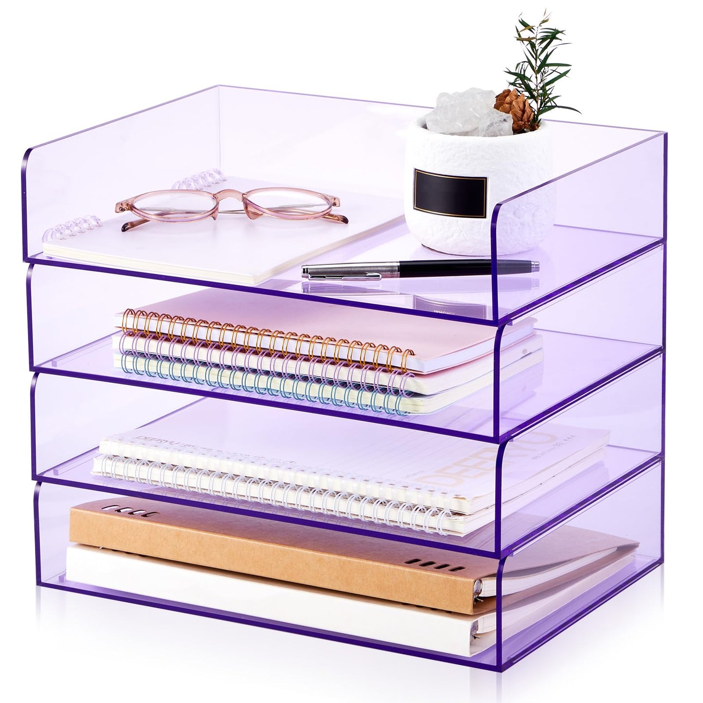 Harloon 4 Tier Paper Organizer Clear Purple Letter Tray Acrylic File Tray