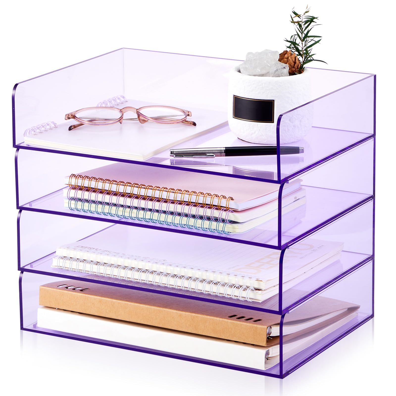 Harloon 4 Tier Paper Organizer Clear Purple Letter Tray Acrylic File Tray
