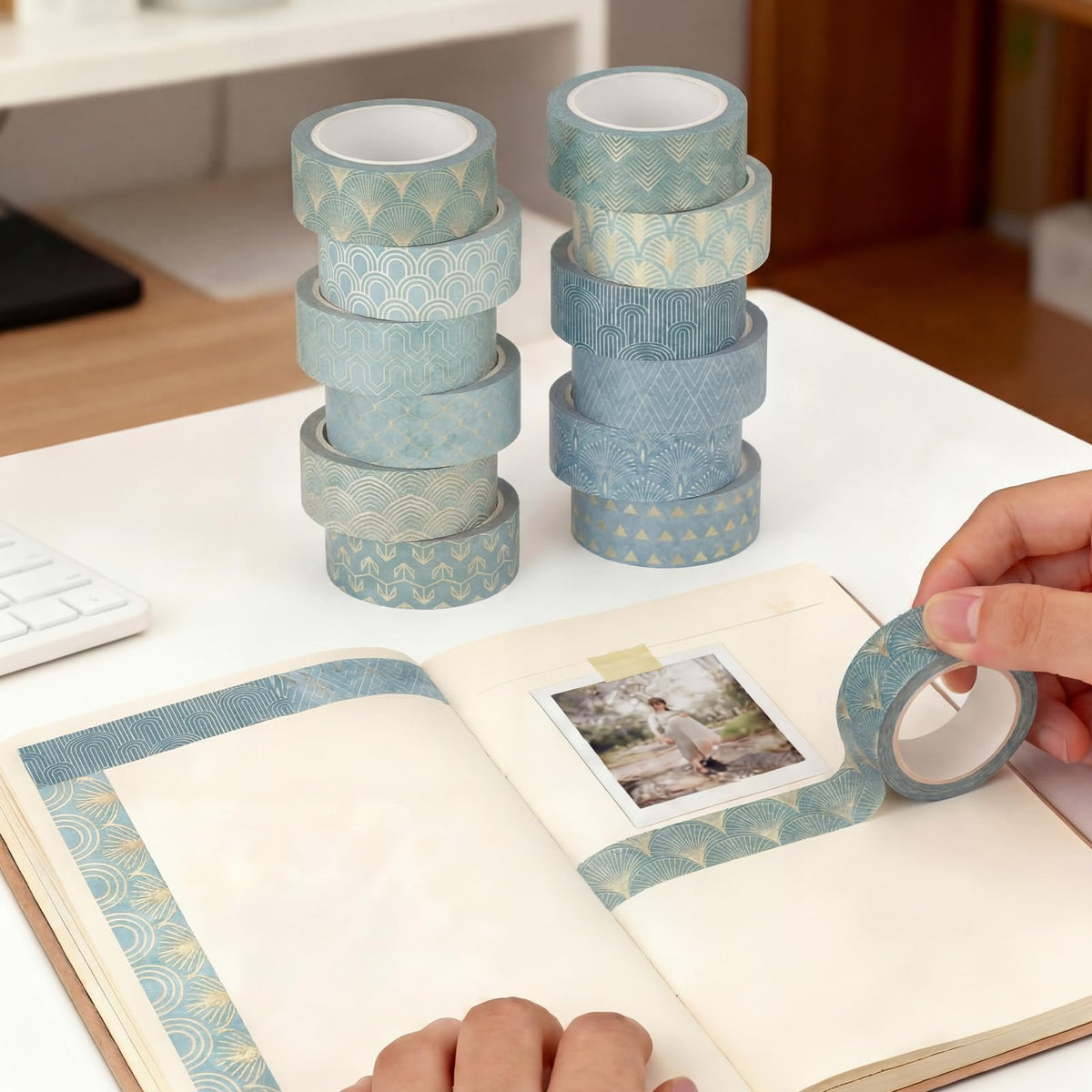 YooNotee 12 Rolls Floral Washi Tape Set,Teal Color,Art Deco