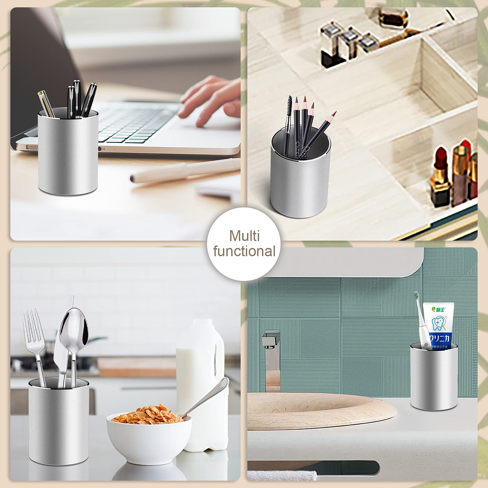 Vaydeer Metal Pen Holder Aluminum Pencil Holder for desk, Round Desktop Organizer and Silver Pencil