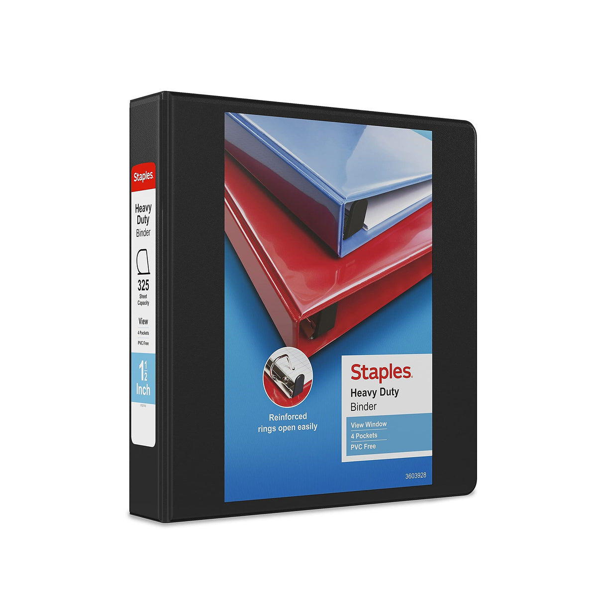 Staples Heavy‑Duty 1.5‑Inch 3‑Ring View Binder with D‑Rings, 4 Interior Pockets for Secure Document