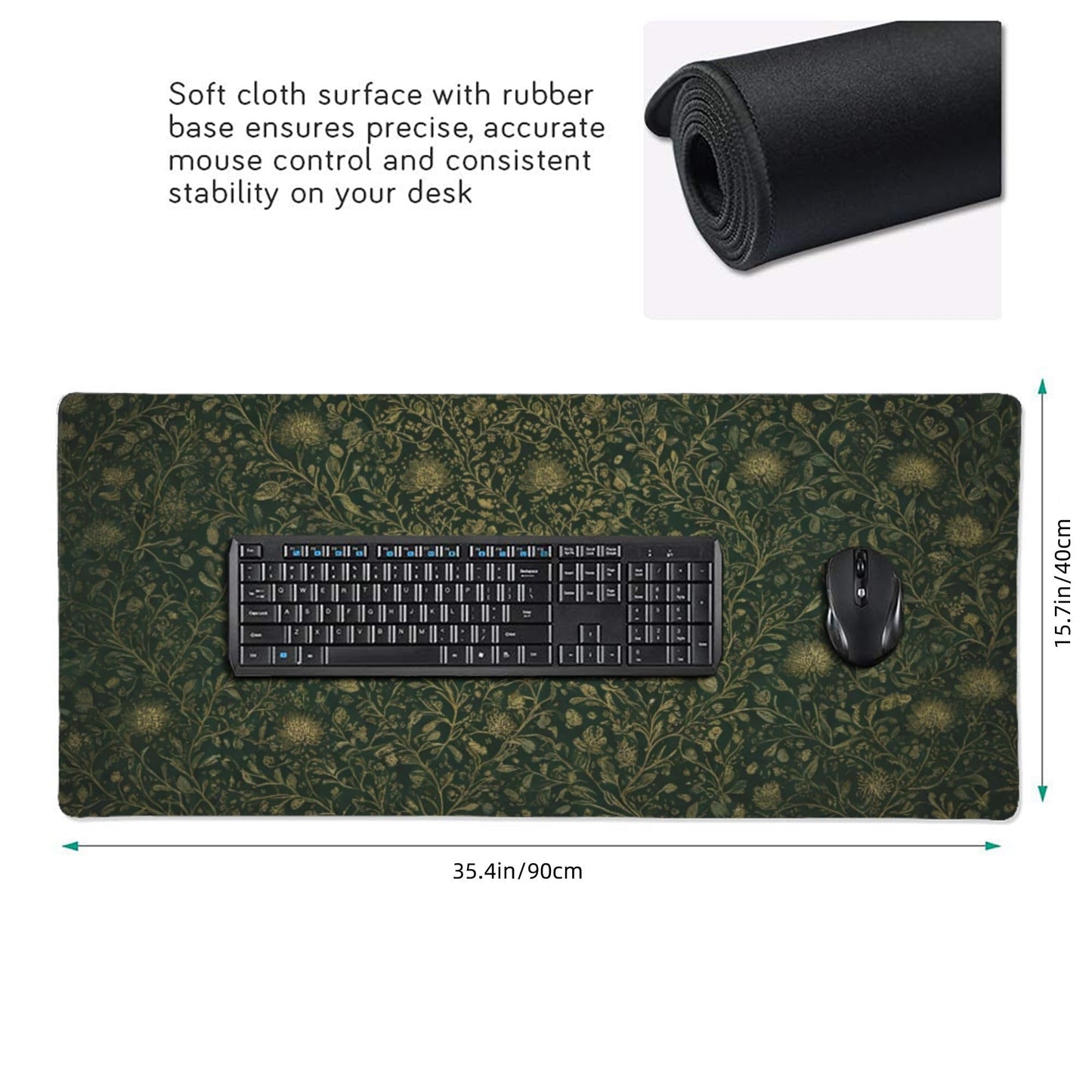 Dark Green Floral Desk Mat Gold Flowers XXL Large Desk Pad - Anti-Slip Stitched Edges Mouse Pad for