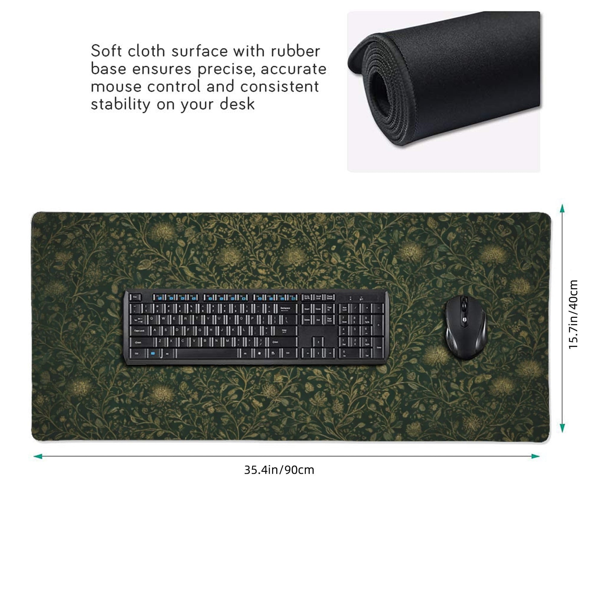 Dark Green Floral Desk Mat Gold Flowers XXL Large Desk Pad - Anti-Slip Stitched Edges Mouse Pad for