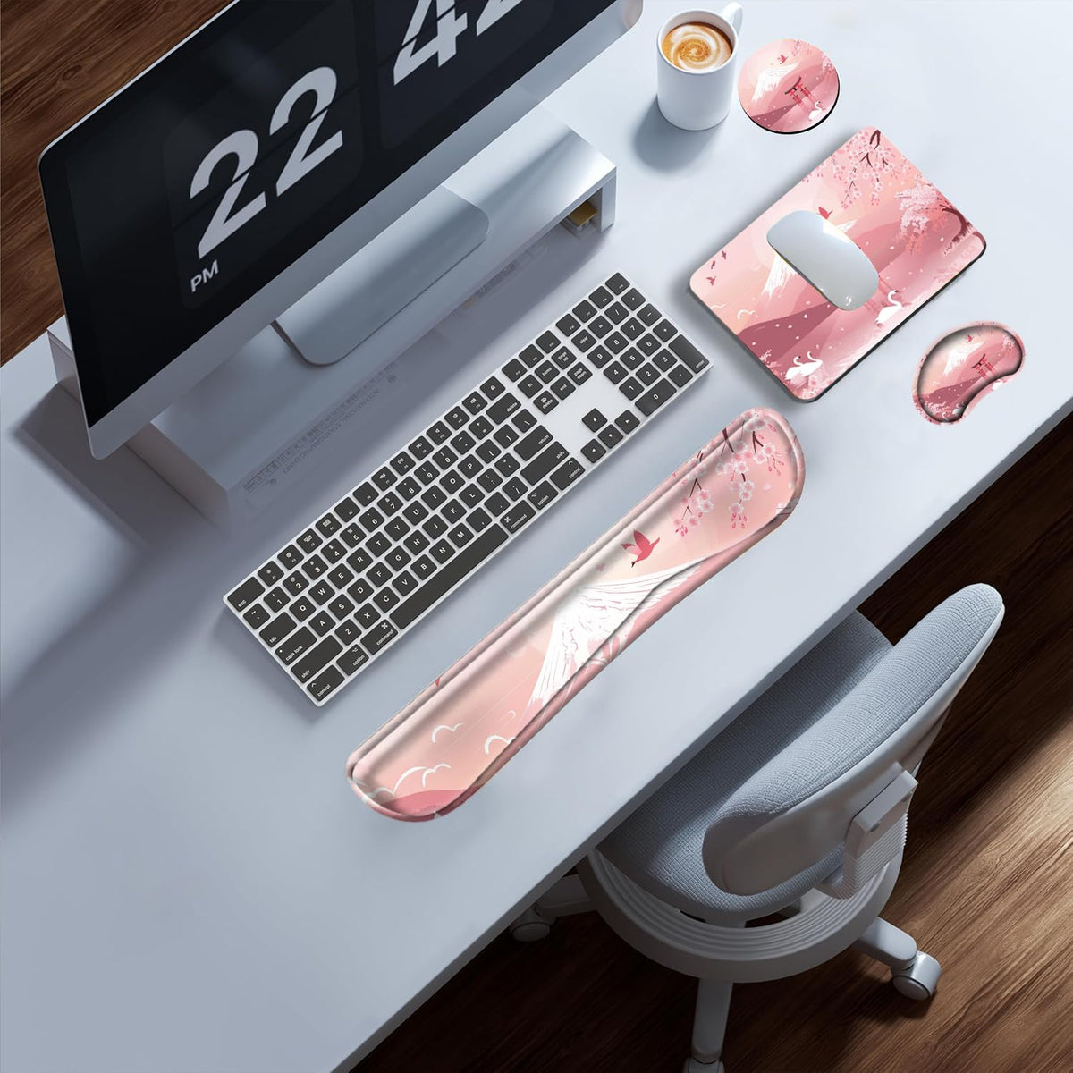 Cherry Blossom Keyboard and Mouse Pad Set Japanese Mousepad with Wrist Support Ergonomic Keyboard