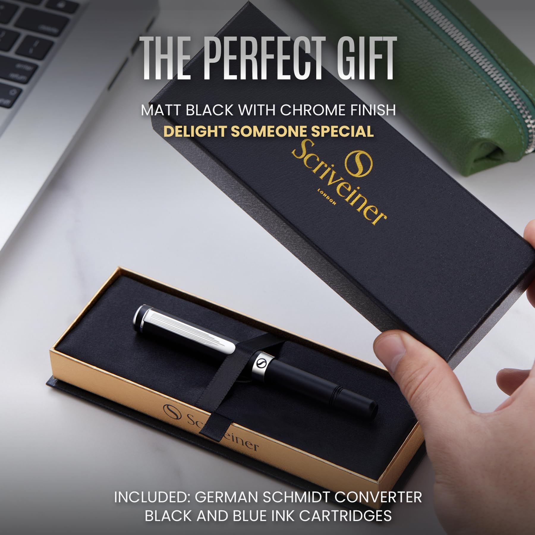 Scriveiner Personalized Luxury EDC Fountain Pen (Medium), Stunning Matt Black Pocket Pen, Chrome