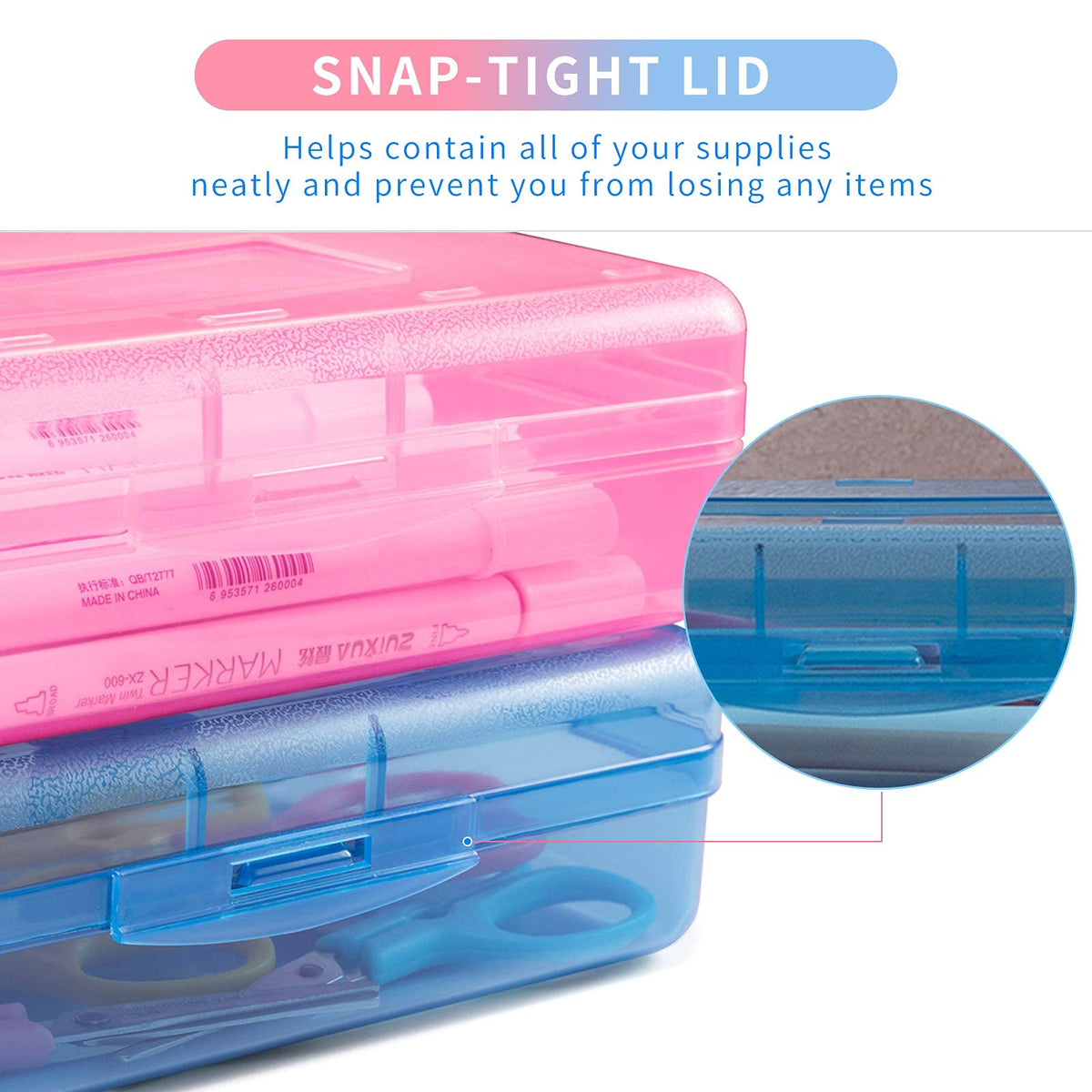 Sooez Plastic Pencil Case Box 6 Pack, Colored Large Craft Storage Bulk