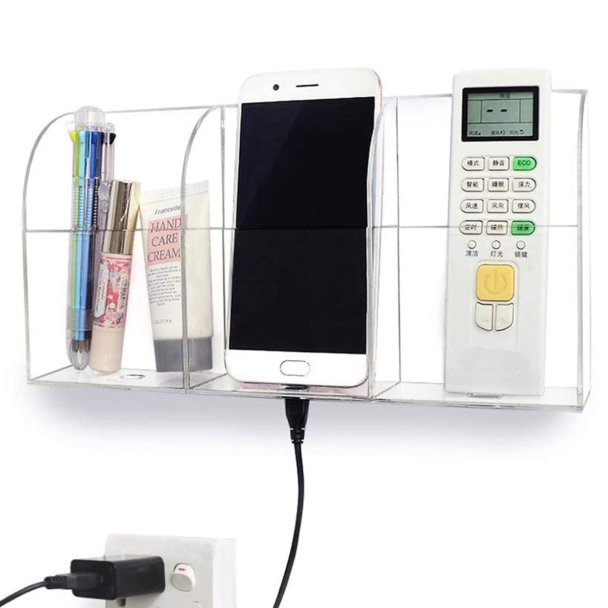 Pansyling Large Acrylic 3-Slot Wall Mounted Smart Phone Charging Holder Station Clear Hanging TV