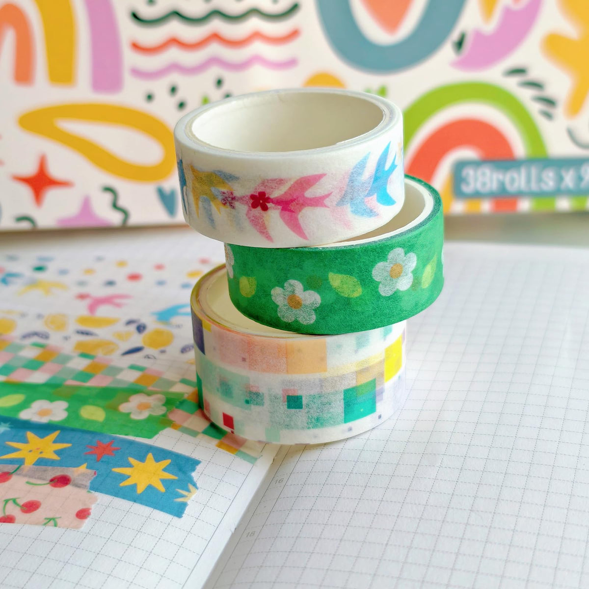 Bomichi 38 Rolls Washi Tape Aesthetic Colored Decorative
