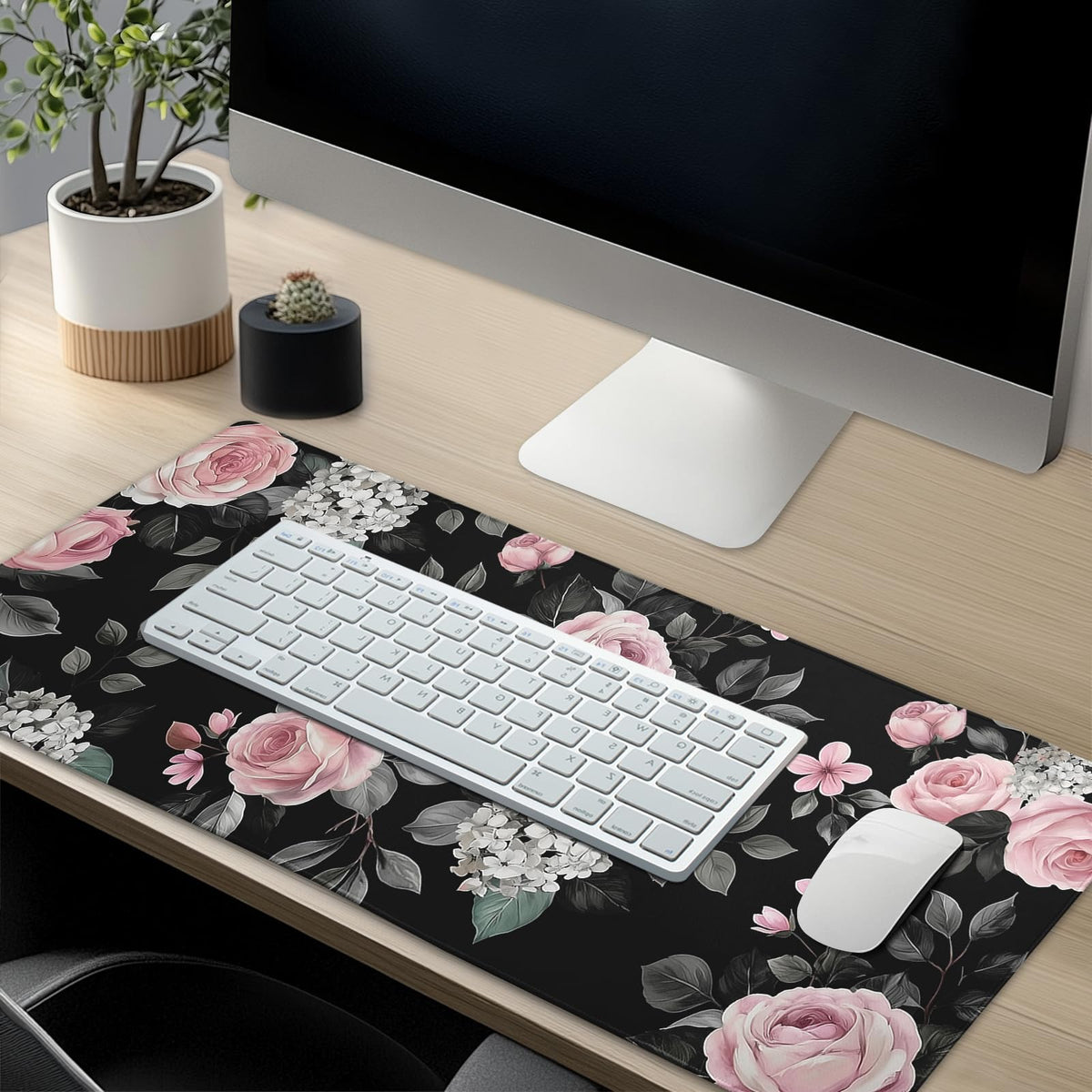 Floral Extended Gaming Mouse Pad Non-Slip Rubber Base Black Large Mousepad 35.4×15.7in with