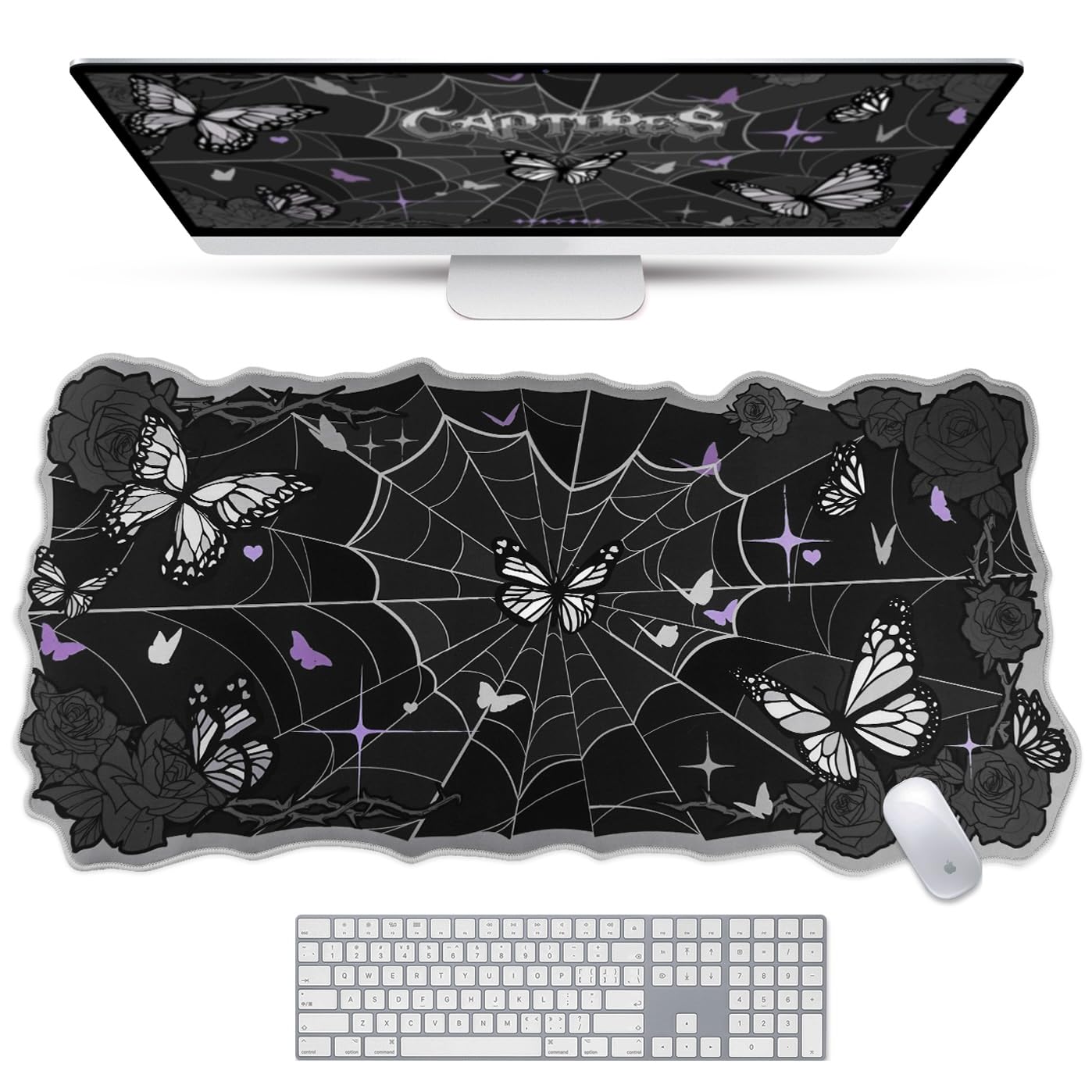 BelugaDesign Butterfly Desk Pad | Rose Spider Web Kawaii Cute Keyboard Gaming PC Laptop Mat | Large