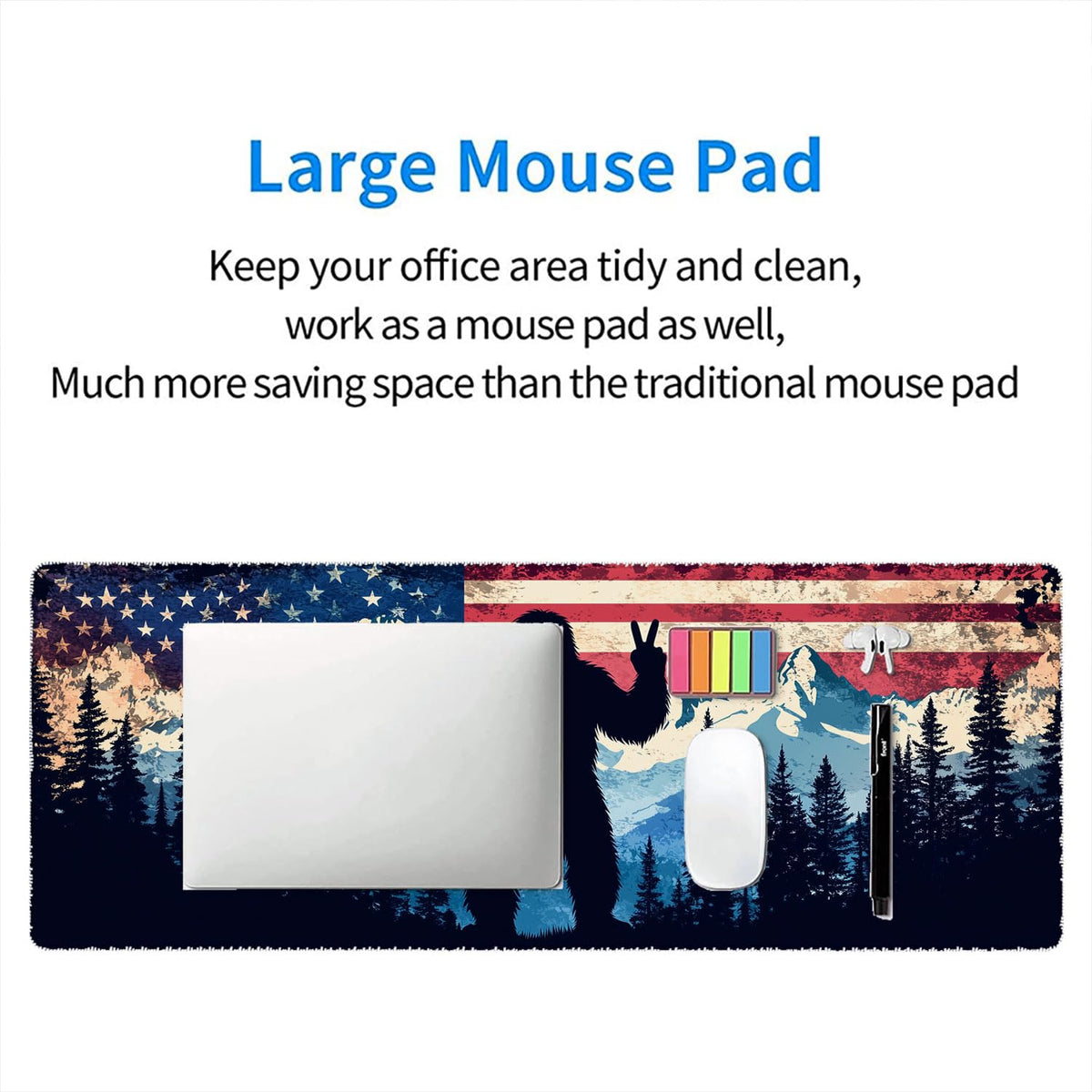 American Flag Bigfoot Desk Mat Forest Mountain Extended Gaming Mouse Pad Mat with Stitched Edge