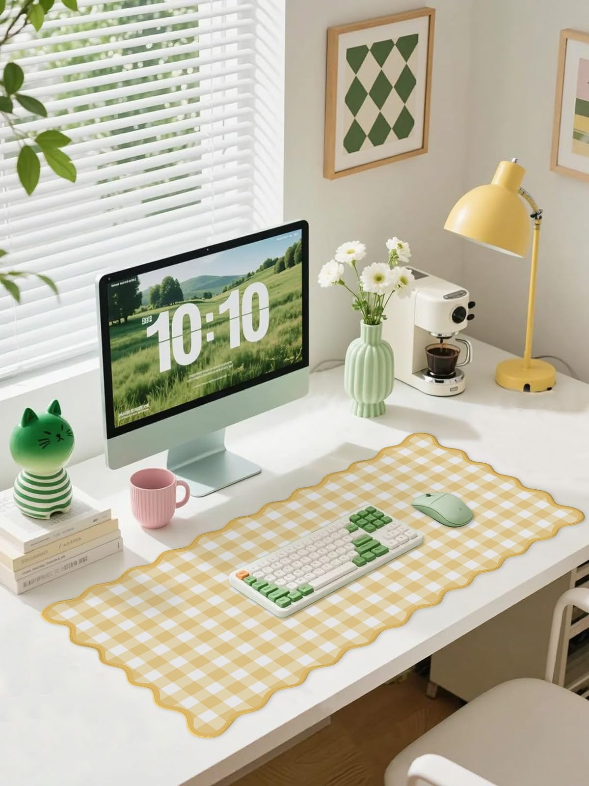 ohisxiacy Scalloped‌ Checkered Gingham Desk Mat Cute Yellow Pastel Large Mouse Pad Kawaii